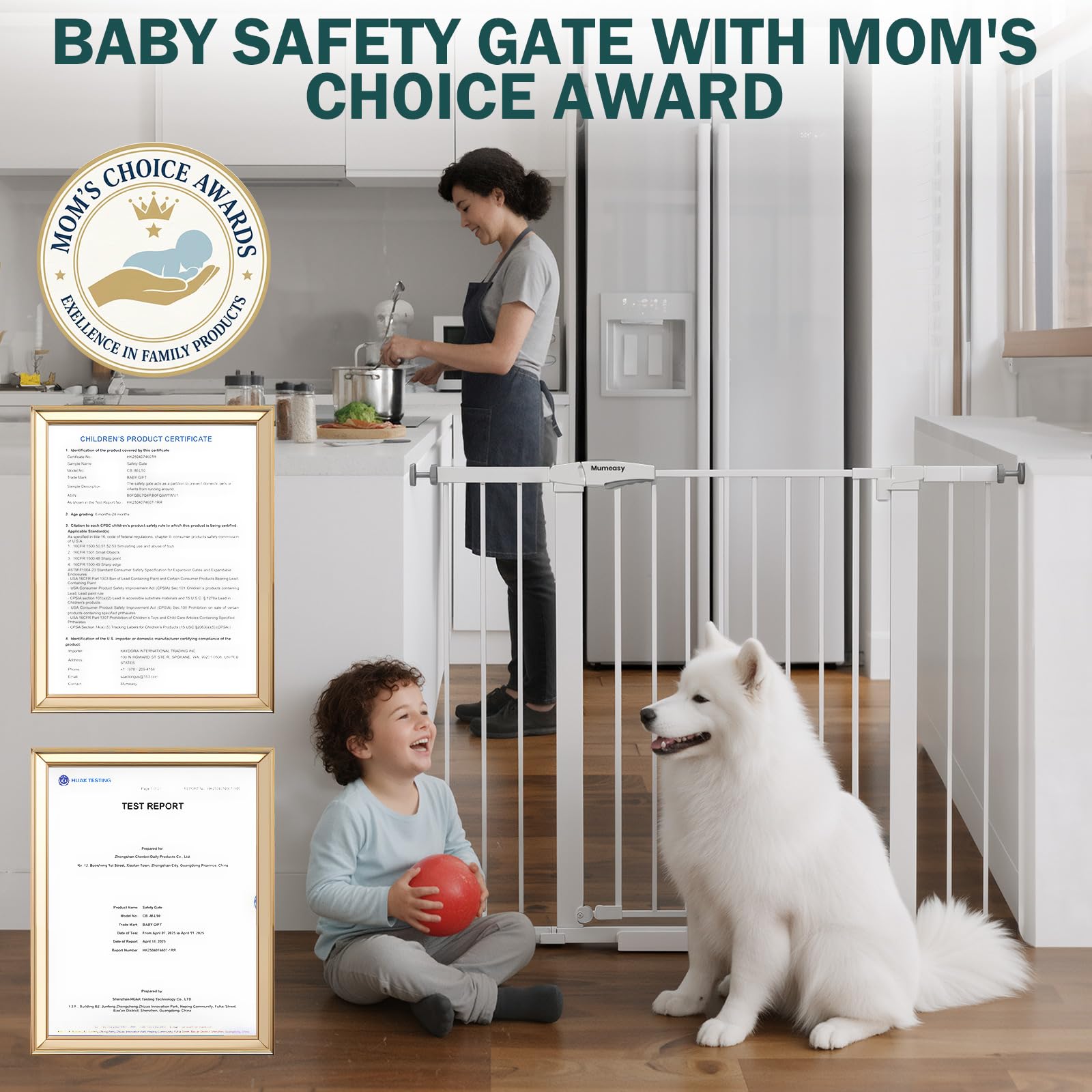 Mumeasy 36" Extra Tall Dog Gate, Auto Close Baby Gate for Stairs Doorways, 29.7-46" Wide Walk Thru Child Safety Gate for House, Easy Install Pressure Mounted Metal Pet Gate with Door, White