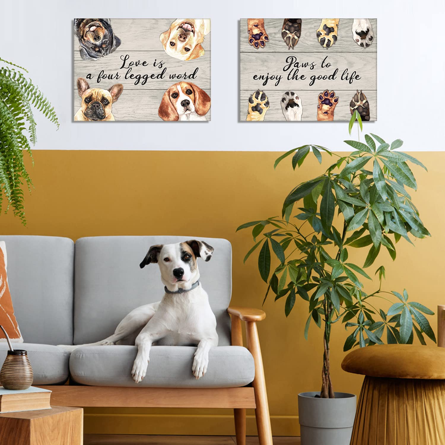 KAIRNE Love is a Four Legged Word Art Prints,Dogs Signs for Home Decor,Animals Paintings,Pet Dogs Footprints Wall Art set of 2 (12x16inch,framed) Cute Puppy Paws Posters For Dog Lover Home Decoration
