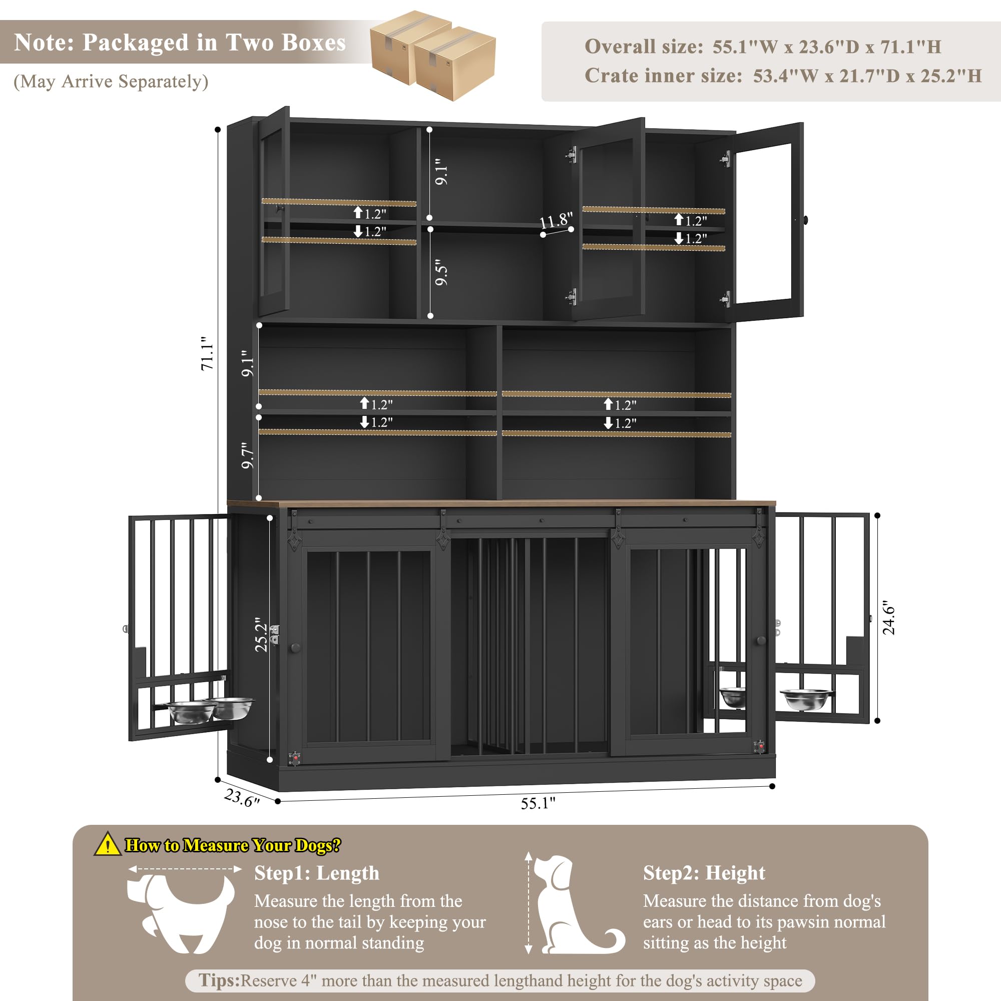 HOSTACK 71" Tall Dog Crate Furniture, 55" W Dog Kennel with Storage Hutch, XL Dog Crate for 2 Dogs with Feeding Bowls, Indoor Heavy Duty Dog Cage with Removable Room Divider, Wooden Pet House, Black