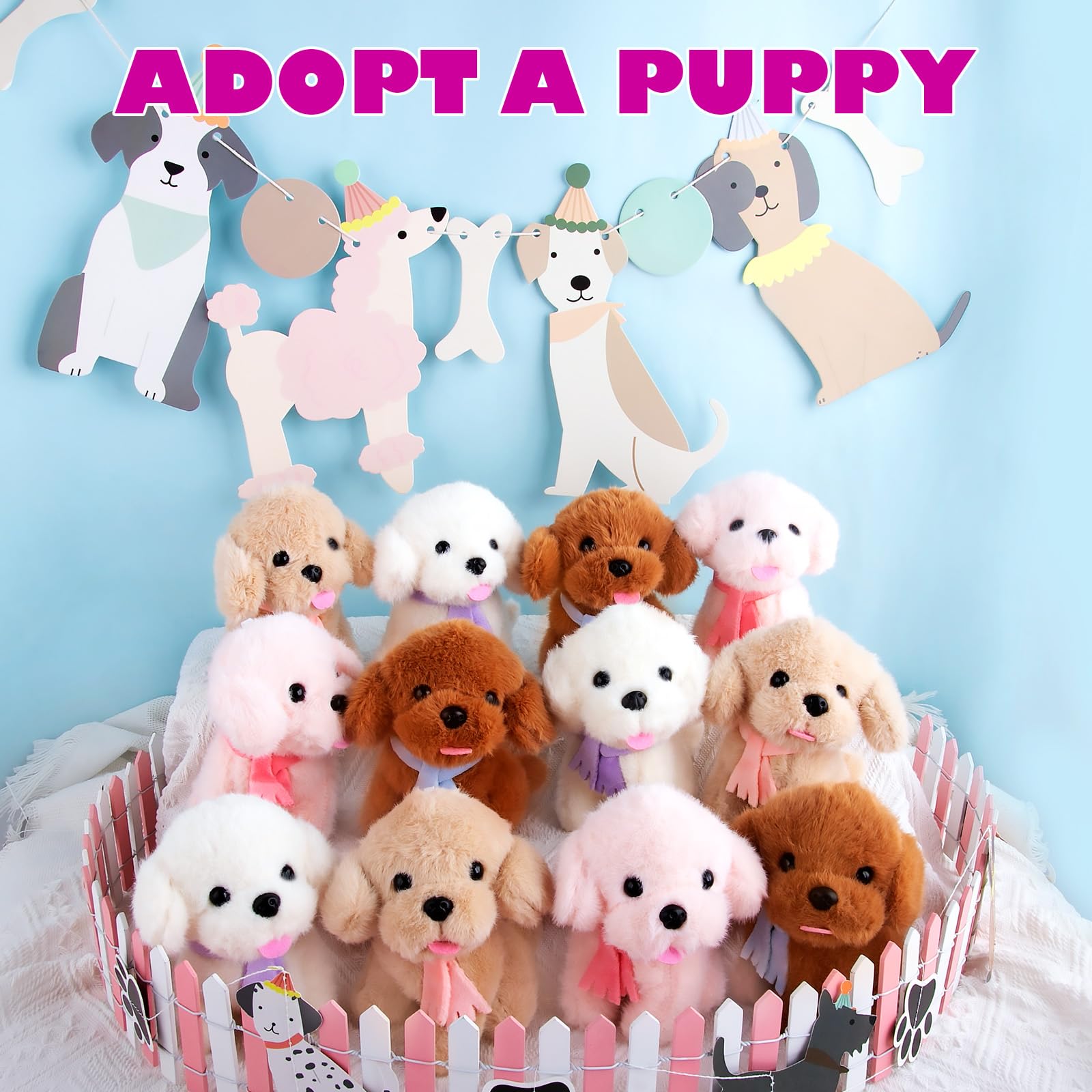 Niceup 12PCS Scarf Dog Stuffed Animals 4.5in Small Sitting Puppy Plush Pet Adoption Party Favors White Pink Khaki Brown Pup Toys for Kids Adult Gift Halloween Costume Christmas Stock Stuffers