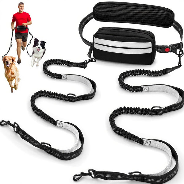 Godyoy Hands Free Dog Leash for 2 Dogs with Safety Lock and Extra-Thick Waist Belt, Waist Leash for Dog Walking Running, Double Retractable Dog Leashes for Two Dogs with Double Padded Handles, Black