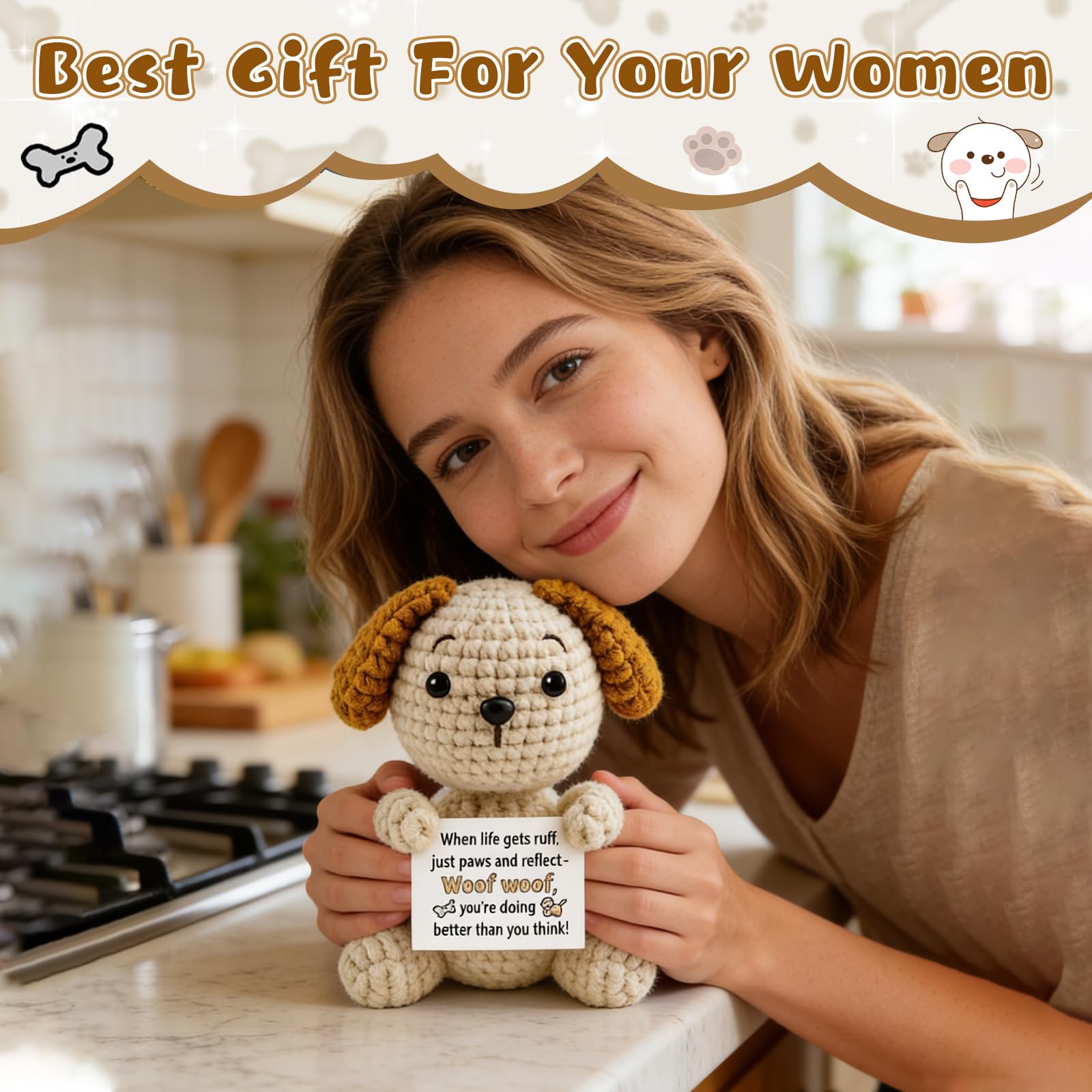 hixkvpen ﻿Dog Dad Gifts for Men from Daughter Son, Emotional Support Crochet Dog with Inspirational Card, Golden Retriever Stuffed Animal for Dog Lovers Women, Handmade