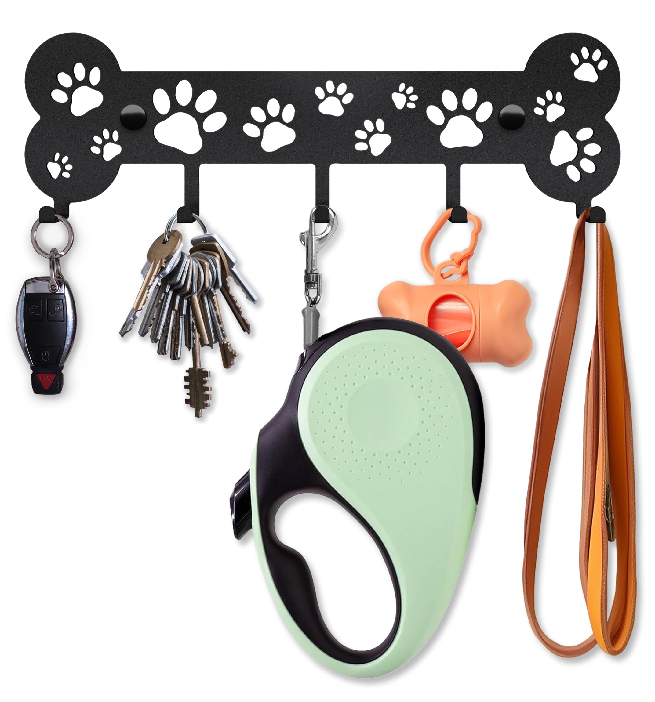 Dog Leash Holder - Unique Metal Wall Hanger With Bone and Paw Design - Pet Leash Hook and Key Organizer - Decorative Gift Idea for Dog Lovers