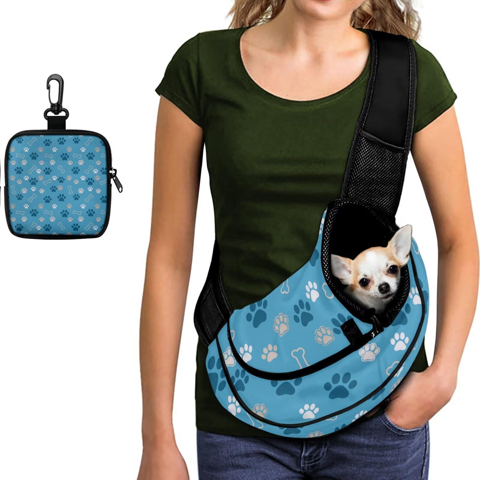 COEQINE Blue Dog Paw Print Purses for Women Dog Owner Gifts,Dog Carrier Sling for Small Puppy and Dog Training Treat Pouch Poop Bag Dispenser Storage Easily Carries Dog Necessities,2pcs