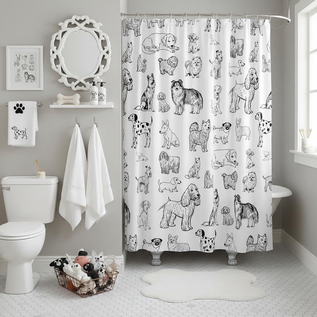 Homewish Cartoon Dog Shower Curtain Black White Dog Puppy Sketch Bathroom Curtains for Kids Girls Boys Adult Room Decor Cute Pet Animals Waterproof Quick Dry Fabric,12 Hooks,72" Wx72 L