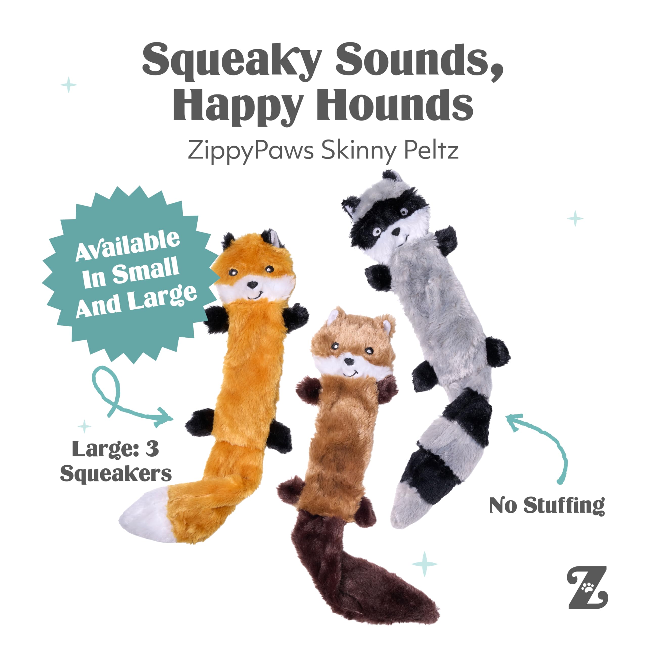ZippyPaws Skinny Peltz - No Stuffing Dog Toy Pack to Keep Them Busy, for Medium and Large Dogs, Squeaky Pet Toys, Unstuffed Chew Toys, Soft Plush Variety Pack, Fox, Raccoon, and Squirrel - 18"