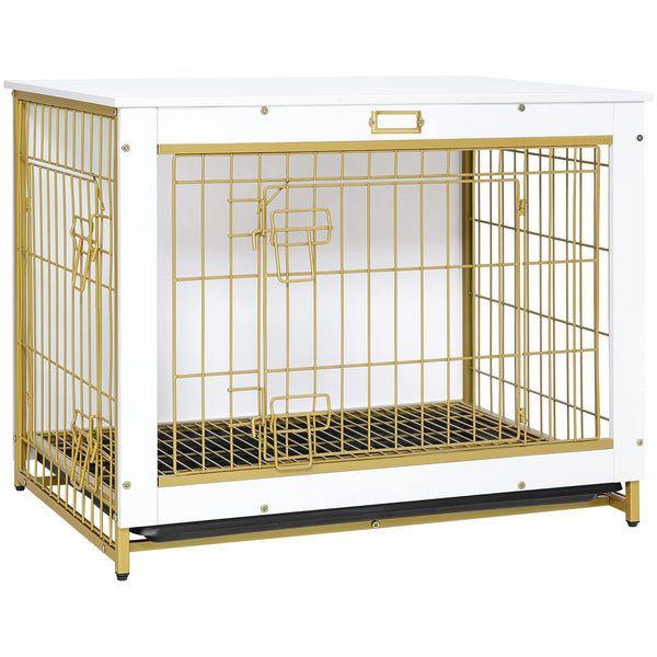 HOOBRO Dog Crate Furniture, 32.5" Medium Dog Kennel Indoor, Wooden Cage with Pull-Out Tray, Double Doors Pet House Side End Table for Medium/Small Dogs, White DW802GW03