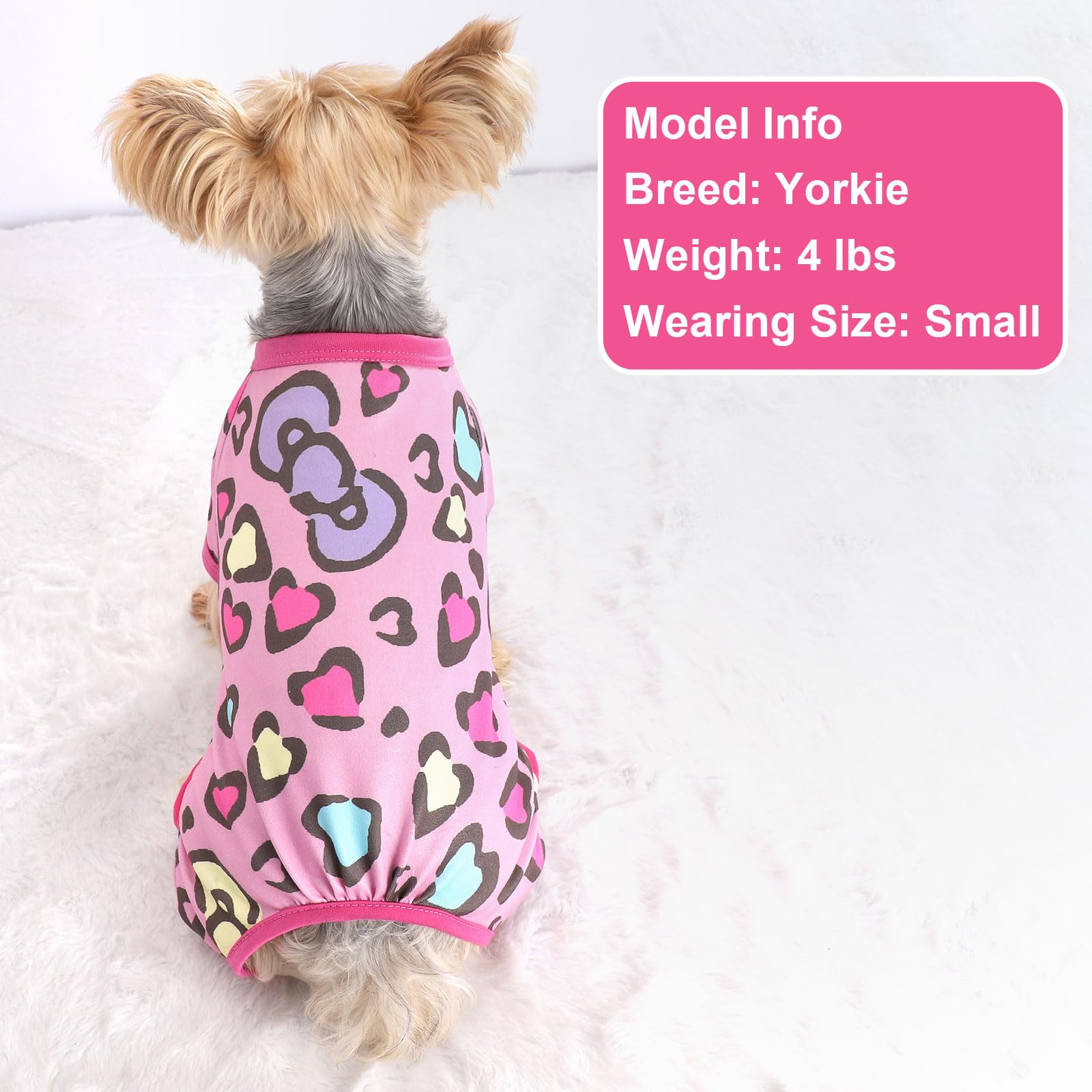 Yikeyo Dog Pajamas for Small Dogs,Stretchy Dog Pjs Clothes, Stretchy Puppy Jammies Onesie, 4 Legs Comfy Doggie Pjs, Lightweight Soft Puppy Outfit for Small Size Girl Boy(Pink Heart,M,Chest 14.9 in)