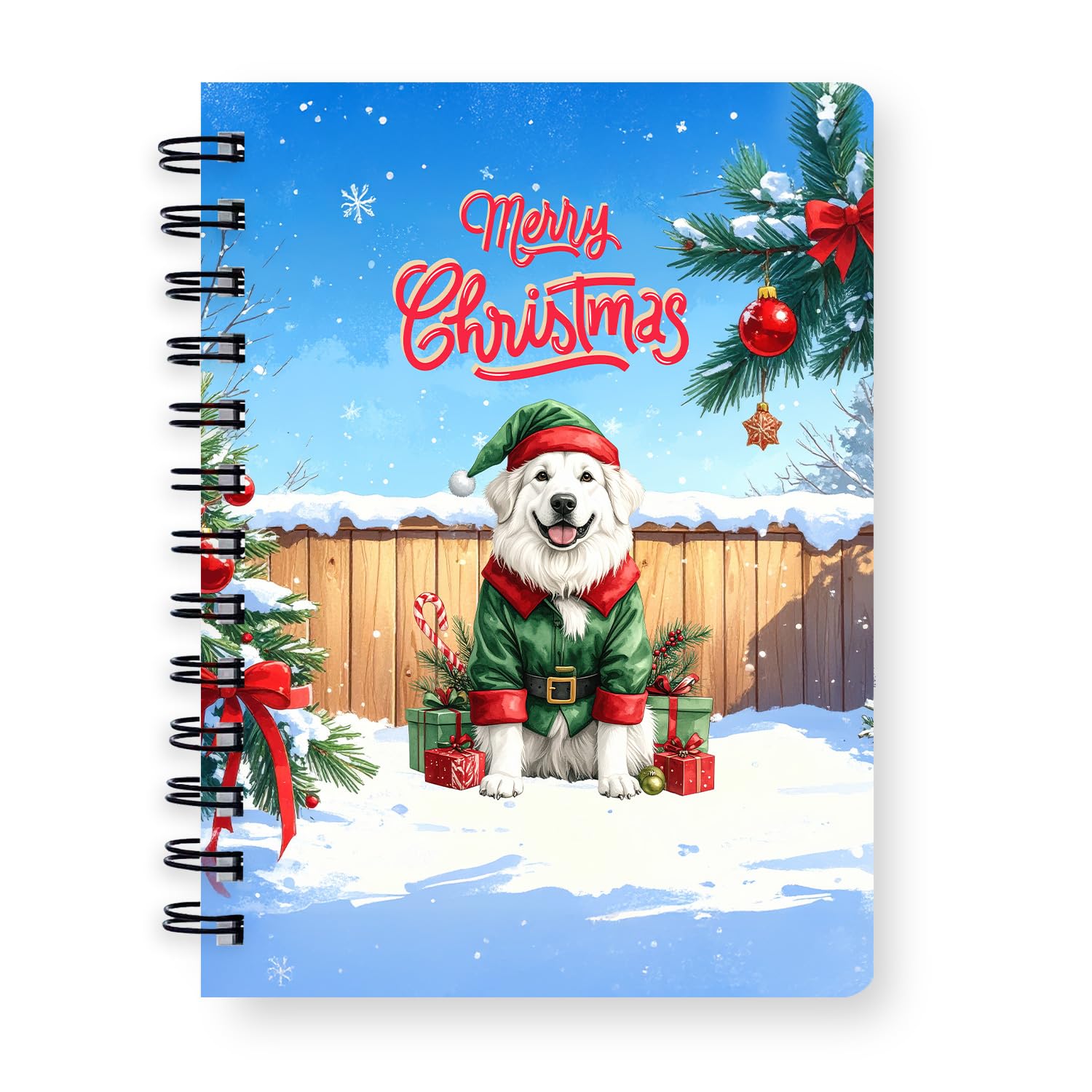 Ninety3POD Merry Christmas Woofmas Xmas Noel Great Pyrenees Elf Candy Cane Snow Spiral Bound Journal Pyr Dog Lover 5x7in Spiral Notebook 13017