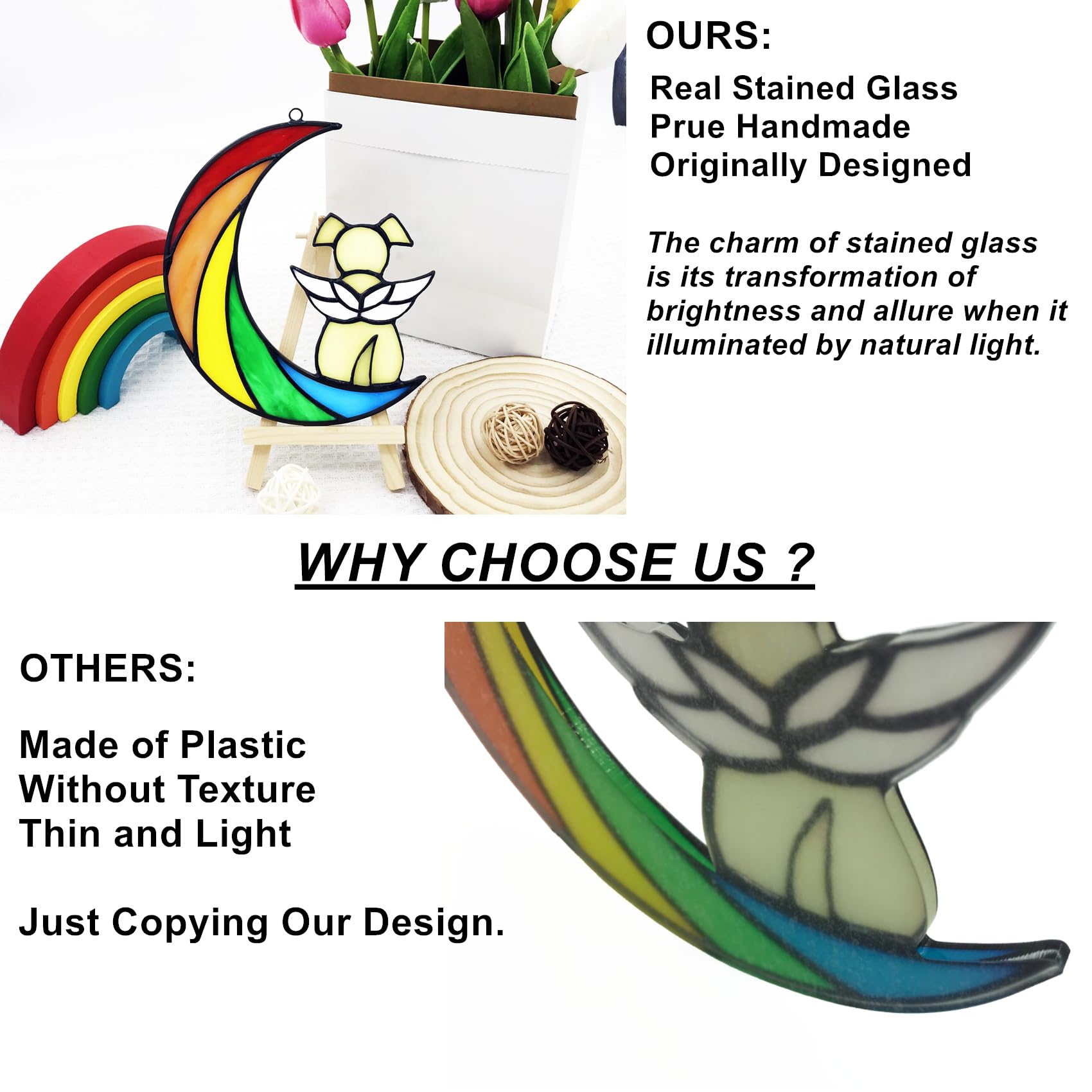 Lcensp Stained Glass Rainbow Bridge Dog Memorial Gifts for Loss of Dog Sympathy Remembrance Suncatcher, Angel Wings Pet Loss Bereavement Gifts in Memory of Pet Passing Away Window Hanging.