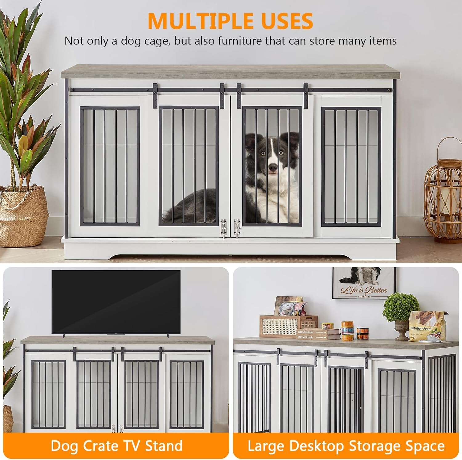 Yafylly 60.6 Inch Double Dog Crate with Divider, 2-in-1 Heavy Duty Dog Crate TV Stand with 2 Sliding Doors and Thick Iron, Indoor Dog House for 2 Dogs (White)
