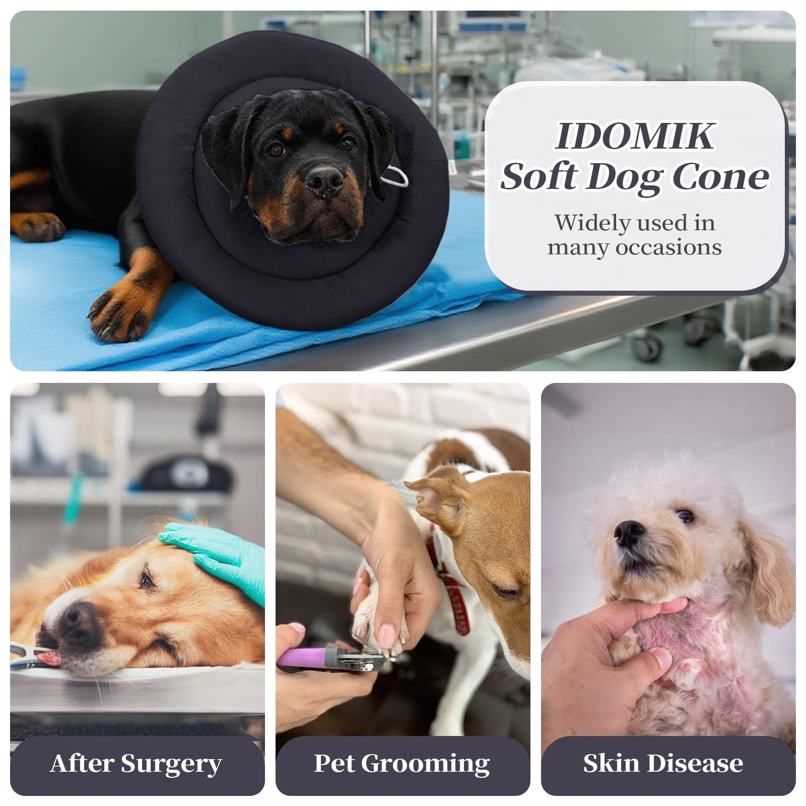 IDOMIK Dog Recovery Collar, Waterproof Soft Dog Cone After Surgery, Comfy Protective Elizabethan Collar Alternative for Dogs Cats, Adjustable Pet Neck Donut Cone Anti-Licking Biting Wounds,Grey,L