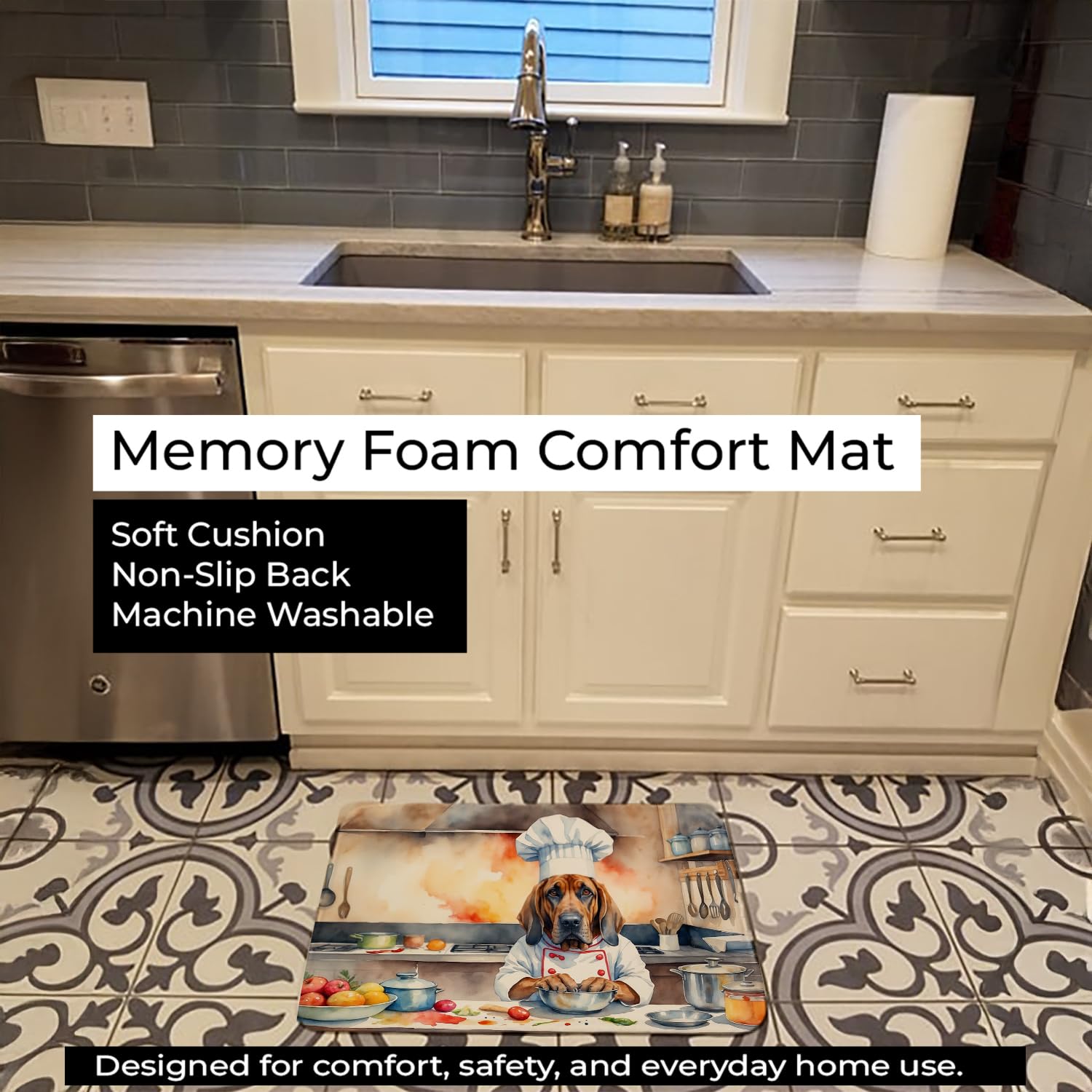 Caroline's Treasures Bloodhound The Chef Memory Foam Kitchen Mat Machine Washable Anti-Fatigue Mat Cushion Comfort Bath Mat or Kitchen Rug