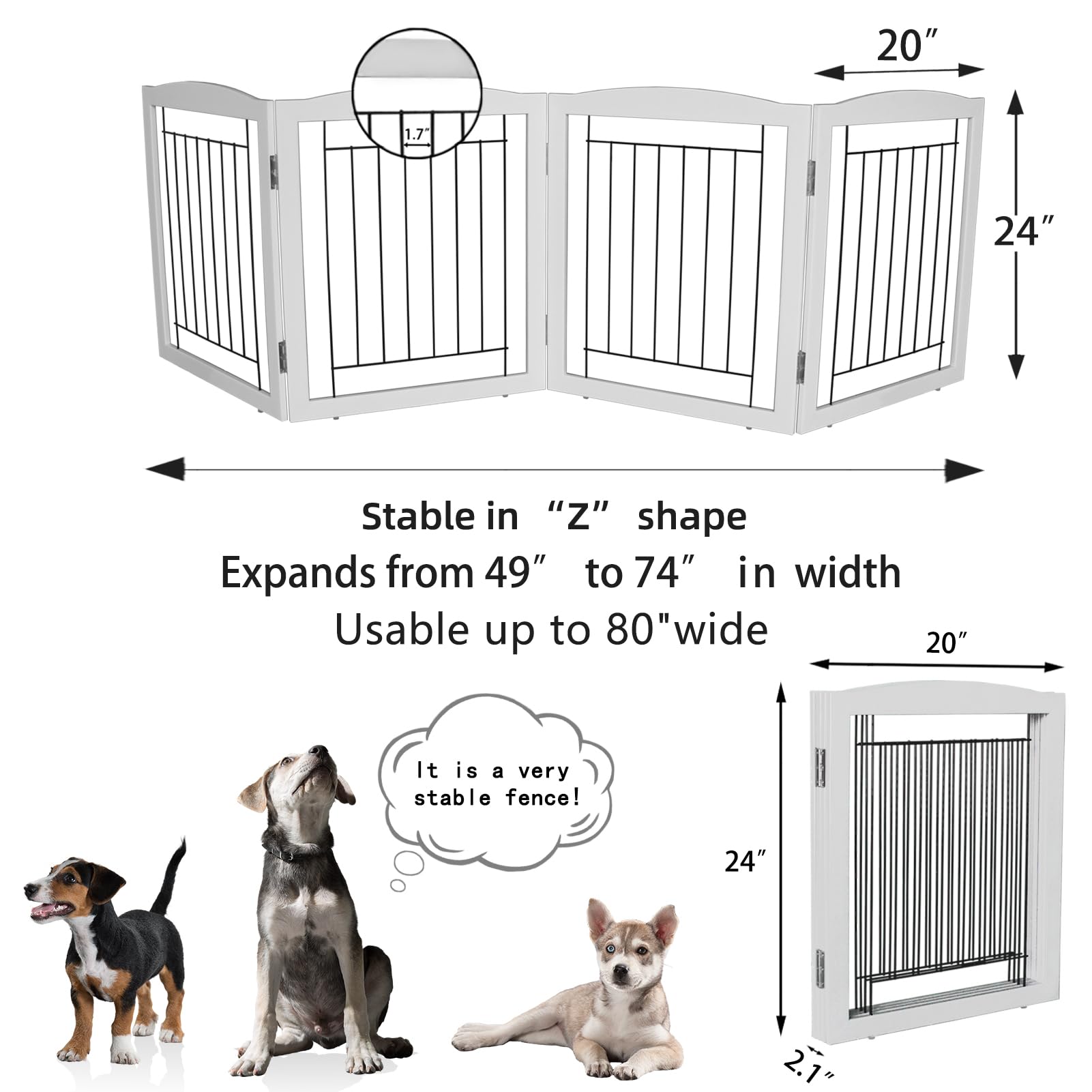 ZJSF Freestanding Foldable Dog Gate for House Extra Wide Wooden White Indoor Puppy Gate Stairs Dog Gates Doorways Tall Pet Gate 4 Panels Fence