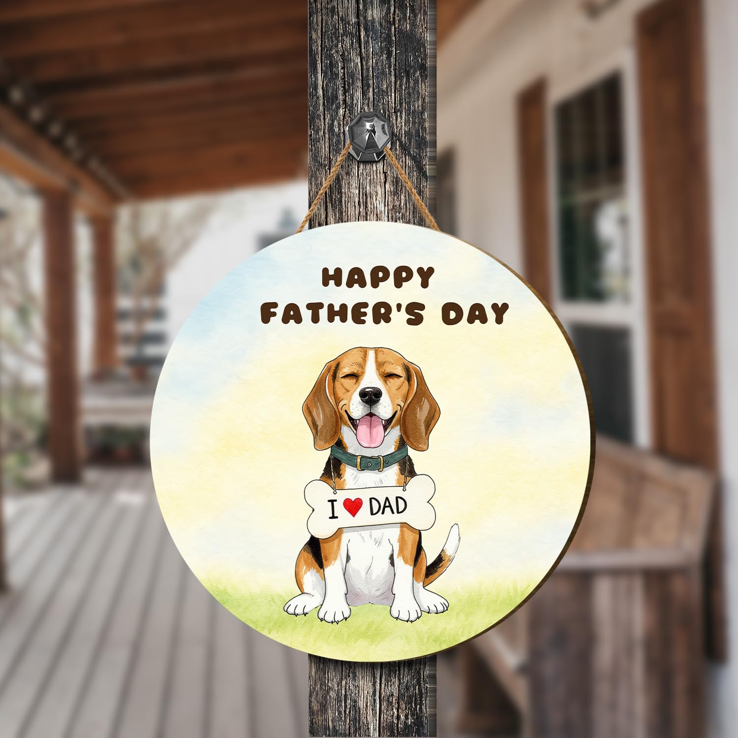 Cute Beagle Loves Dad Happy Father's Day Round Wood Sign Beagles Dog Lover Gifts Idea Hanging Wall Home Decor 12008