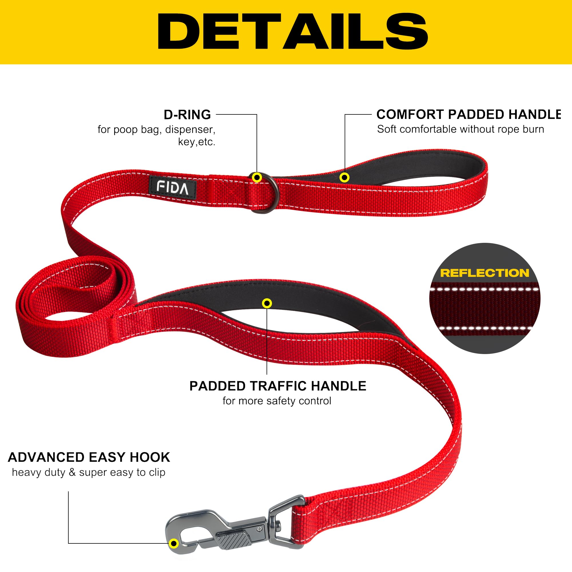 Fida 6 FT Heavy Duty Dog Leash with 2 Comfortable Padded Handles, Traffic Handle & Advanced Easy Snap Hook, Reflective Walking Lead for Large, Medium & Small Breed, Red
