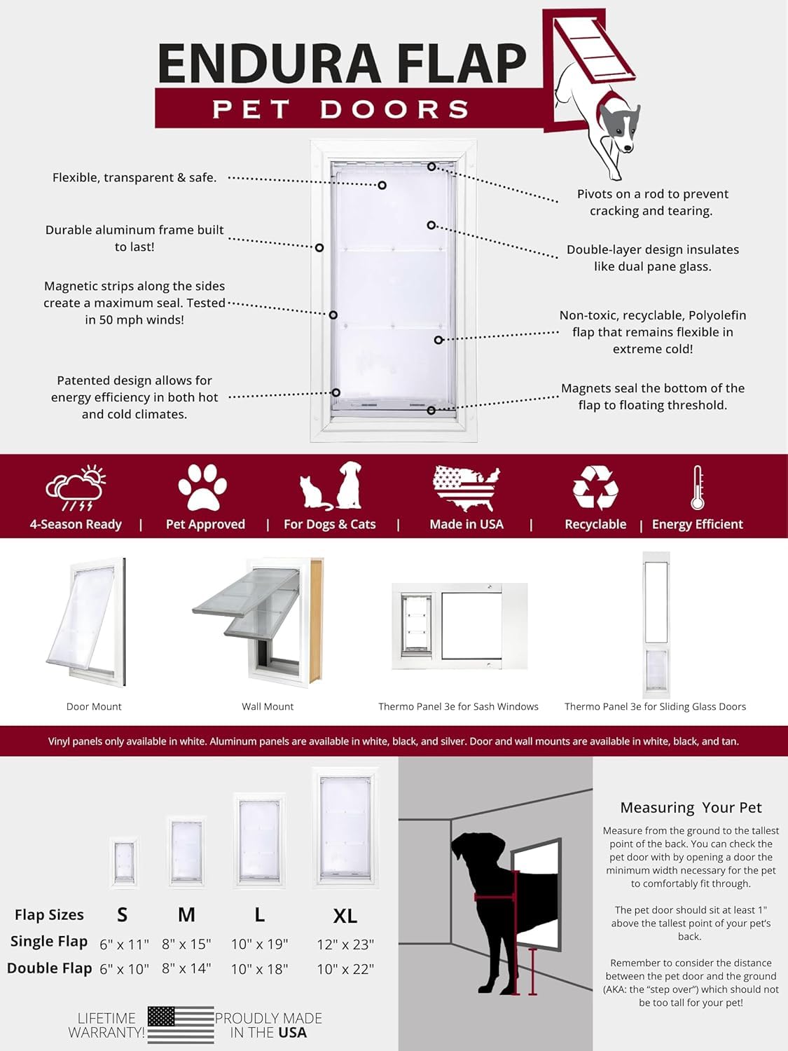 Endura Flap Thermo Panel Pet Door for Sliding Glass Doors | Heavy-Duty Aluminum Frame with Secure Locking Cover | Energy Efficient & Easy Install | White, Large Flap, 74.75"-77.75" Slider Height
