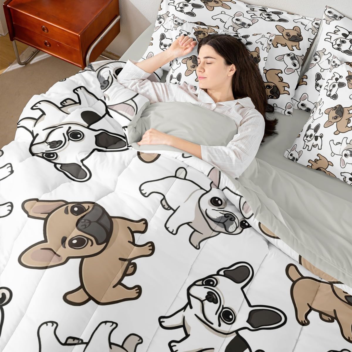 Manfei French Bulldogs Full Size Comforter,Cute Cartoon Animal Bedding Set 7 Piece, Pet Dog Lover Puppy Decor for Boys Girls,Brown White（Fitted+Sheet+2 Pillowcases+2 Throw Pillow Covers）