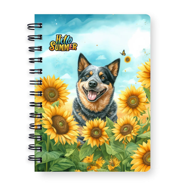 Ninety3POD Australian Cattle Dog Hello Summer Sunshine Sunflowers Spring Retro Vintage Spiral Bound Journal Heeler Lover Gifts 5x7in Spiral Notebook - 008