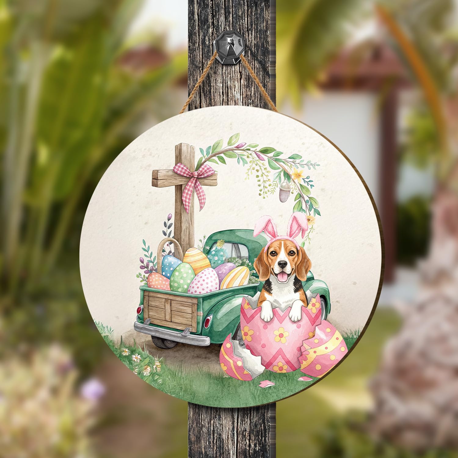 Easter Egg Beagle Bunny Ear Welcome Spring Truck Round Wood Sign Beagles Dog Lover Gifts Idea Hanging Wall Home Decor 12002