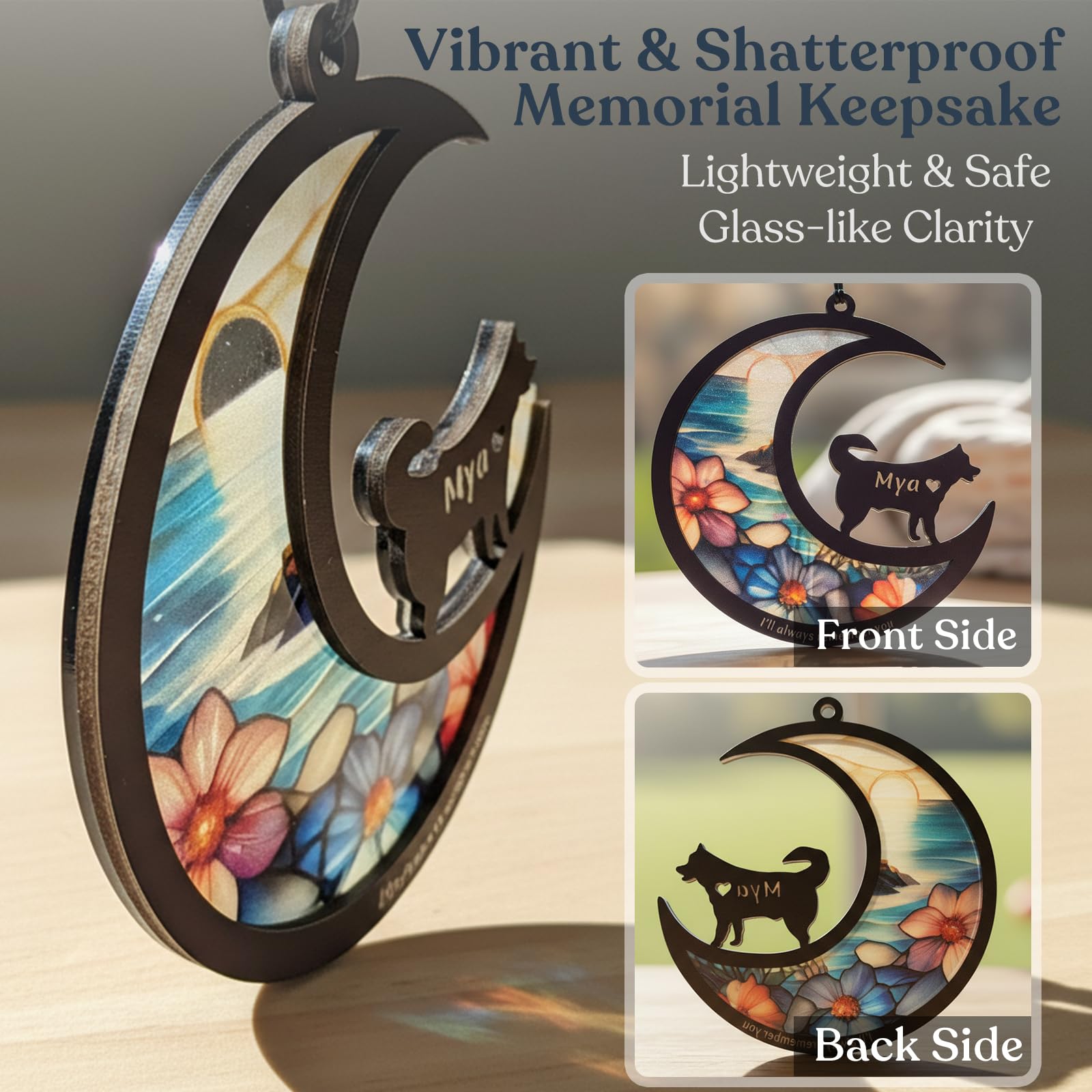 BOXTOHEART Personalized Dog Memorial Suncatcher, Custom Pet Breeds Suncatcher with Name Date, Pet Loss Suncatcher, Stained Glass Style Light Catcher, Dog Memorials & funerary, Gifts for Pet Loss
