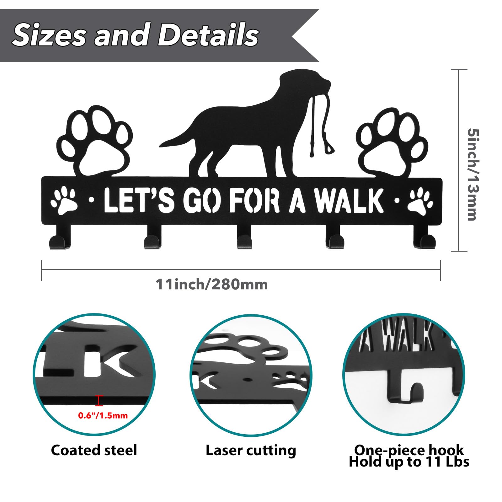 BienBion Iron Dog Leash Holder for Wall with 5-Hooks, Doorway Dog Hooks, Dog Accessory Holder