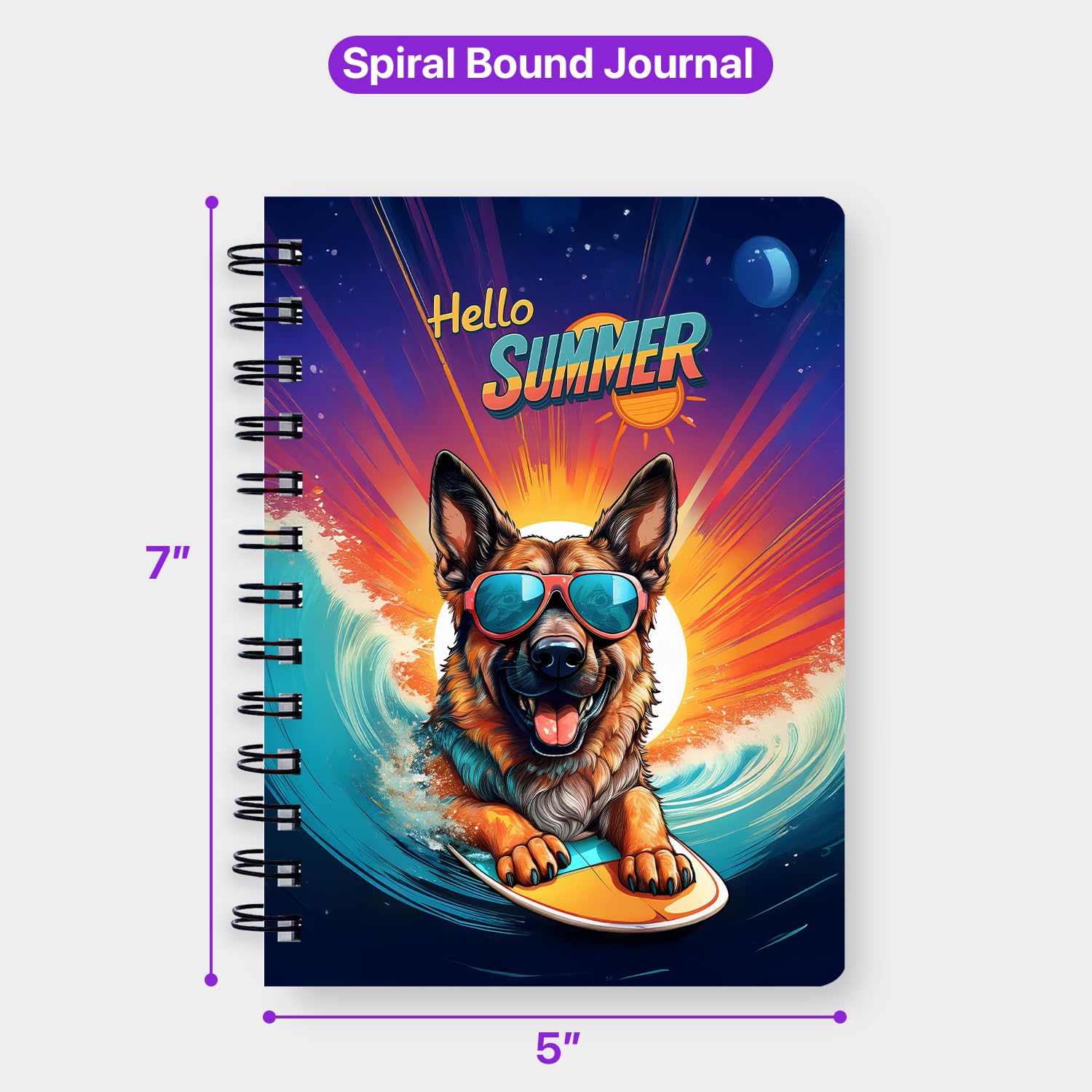 Ninety3POD Retro Surfing German Shepherd in Cool Sunglasses Hello Summer Waves Spiral Bound Journal Alsatian Dog Lover Gifts 5x7in Spiral Notebook 001