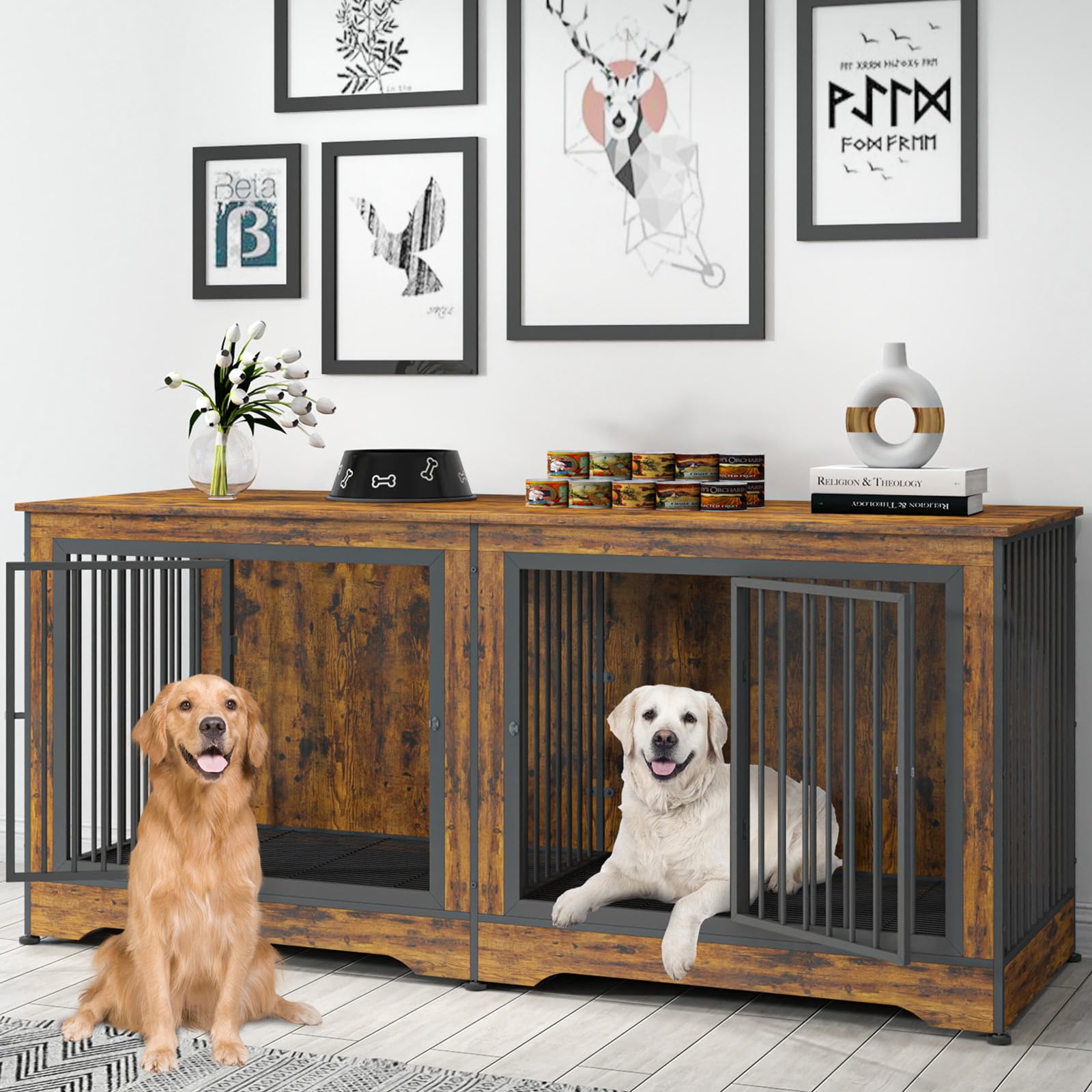 Yafylly 3-in-1 Double Dog Crate Furniture, 66.1 Inch White Furniture Kennel for Large Dogs with Divider, Dog Kennel Dog Crates TV Stand with 2 Drawers and Sliding Doors