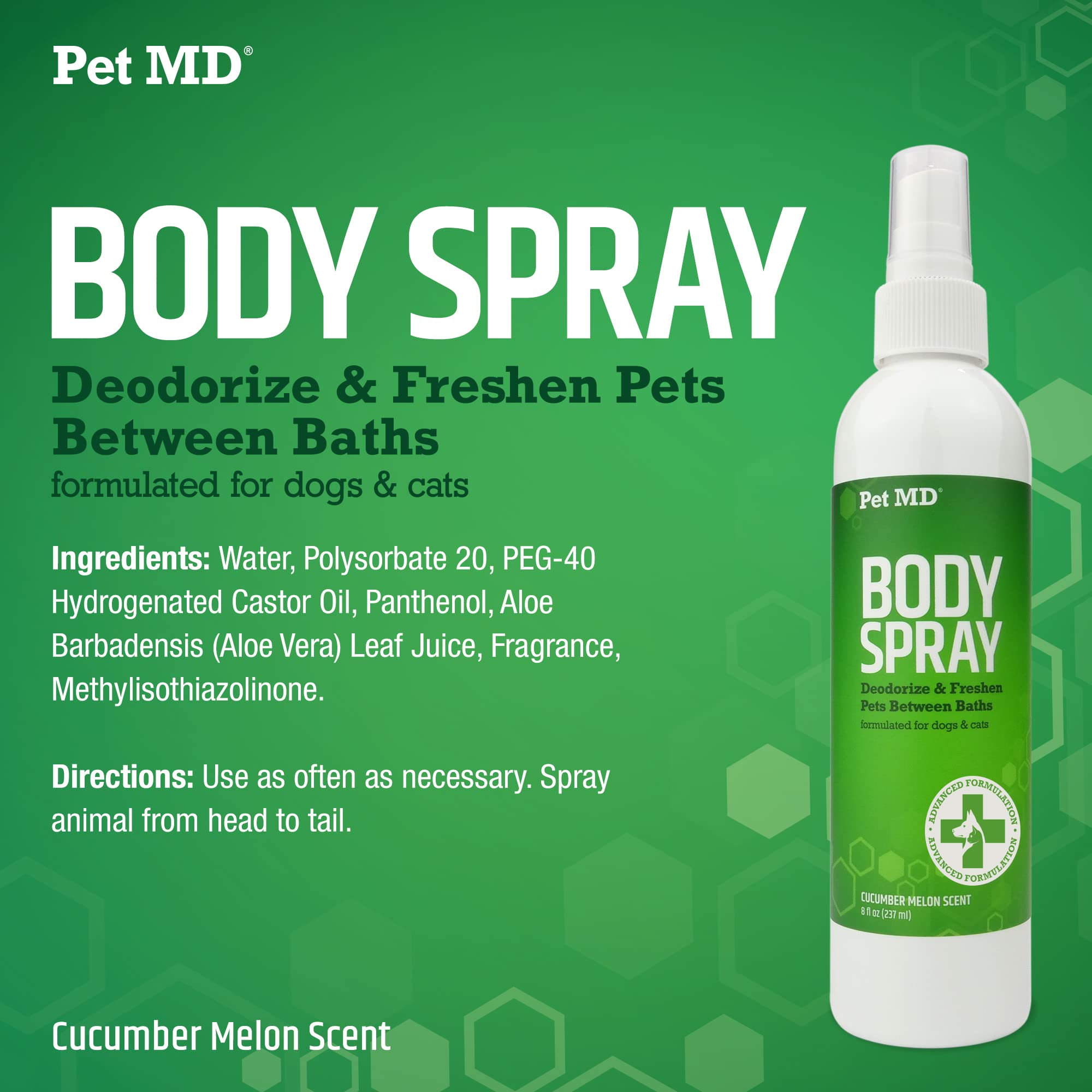Pet MD Body Spray for Dogs & Cats - Deodorizing Dog Perfume Reduces Static & Eliminates Odor - Long-Lasting Pet Cologne Spray for Dogs - Cucumber Melon Scent - 8 oz
