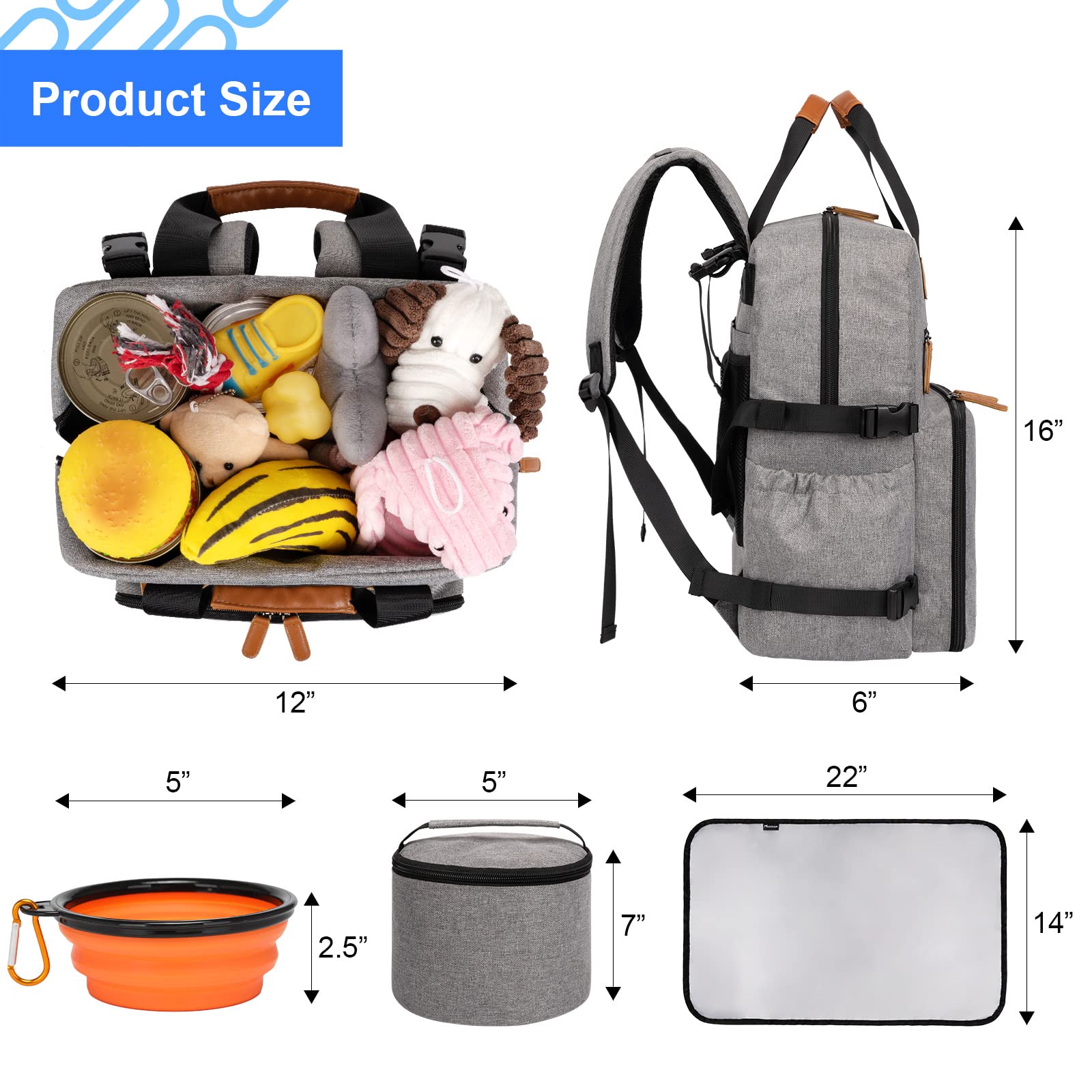Modoker Dog Travel Bag, Airline Approved Backpack for Pet Accessories Organizer, Tote Weekend Bag with 2 Food Storage Containers, 2 Collapsible Dog Bowls, 1 Pet Mat, Grey
