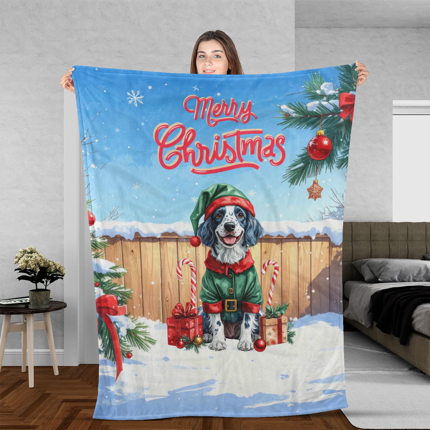 Merry Christmas Woofmas Xmas Noel English Setter Elf Candy Cane Snow Cozy Fleece Sherpa Blanket Dog Lover Warm Soft Throw Blanket 13017