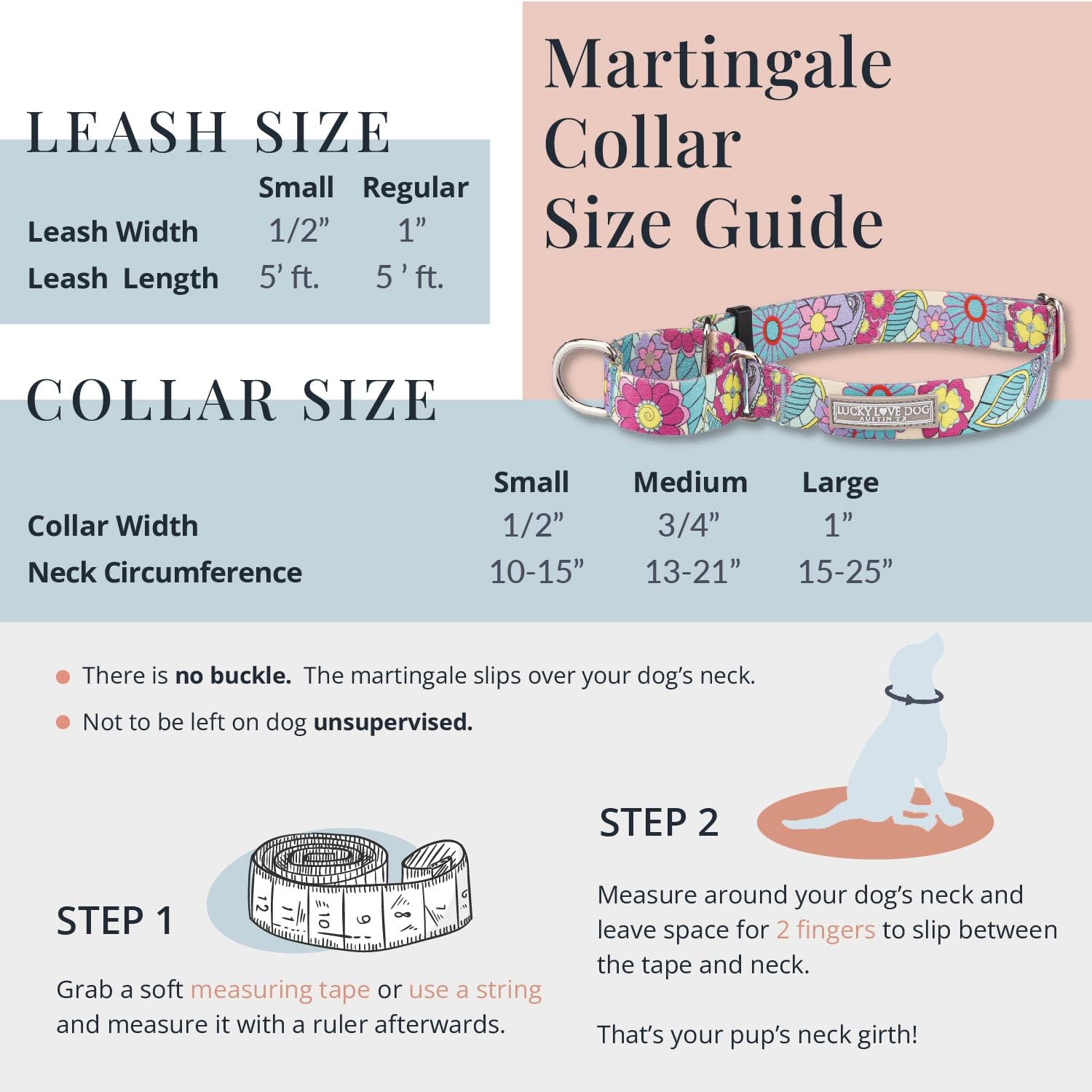 Lucky Love Dog Martingale Collar, Premium No Slip Martingale Collar for Large Dogs, Great for Whippets, Greyhounds, and More (Caroline, Large)