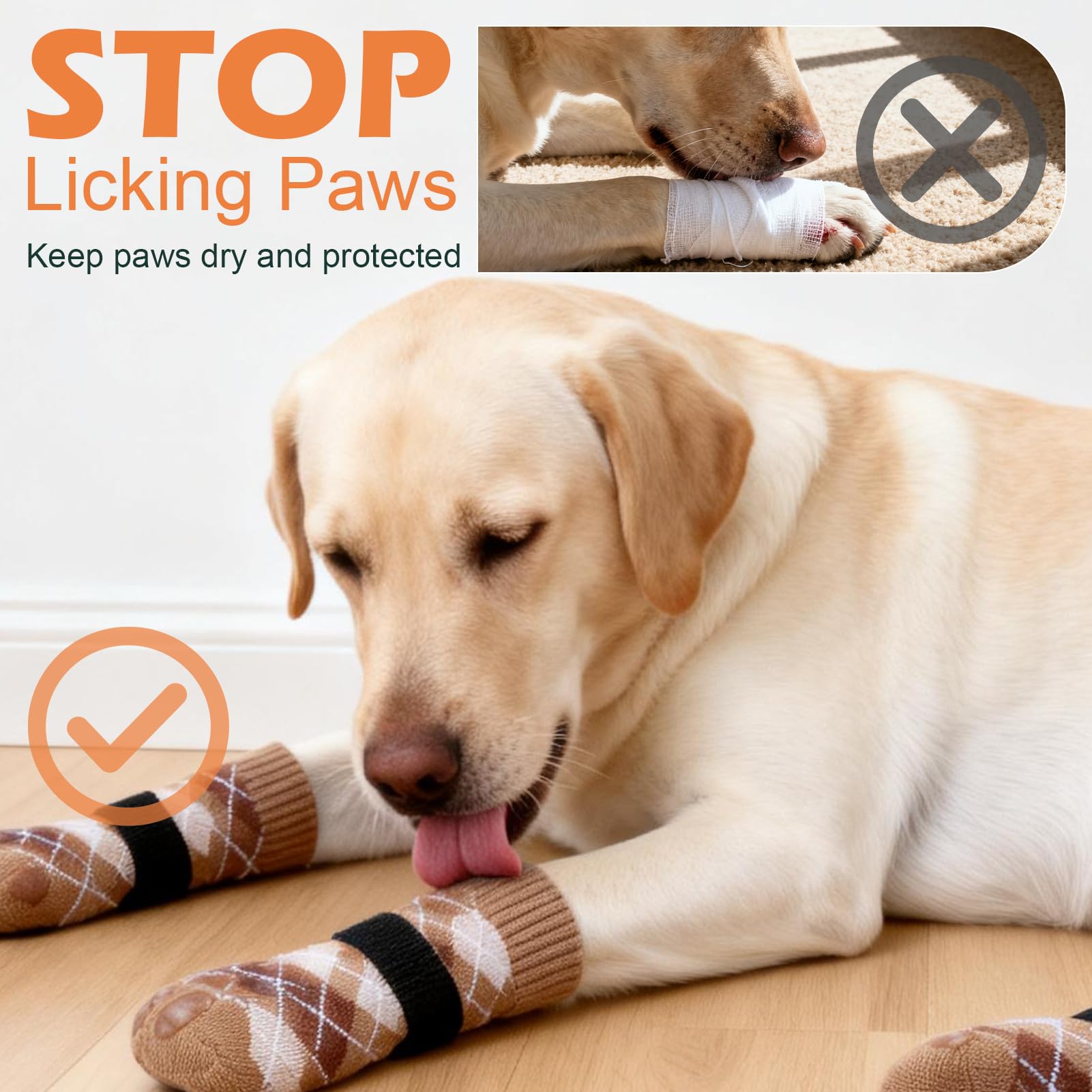 EXPAWLORER Dog Socks to Prevent Licking Paws,Anti Slip Dog Shoes for Hot Pavement,Dog Booties for Hardwood Floors,Dogs Boots & Paw Protectors for Small Medium Large Senior Dogs,British Style,Khaki M