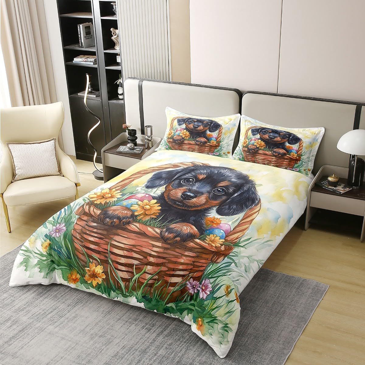 Cute Dog Bedding Set Boys Girls Happy Easter Eggs Duvet Cover Spring Style Lovely Puppy Comforter Cover Kids Bedroom Decor 2Pcs Twin 100% Cotton,No Comforter