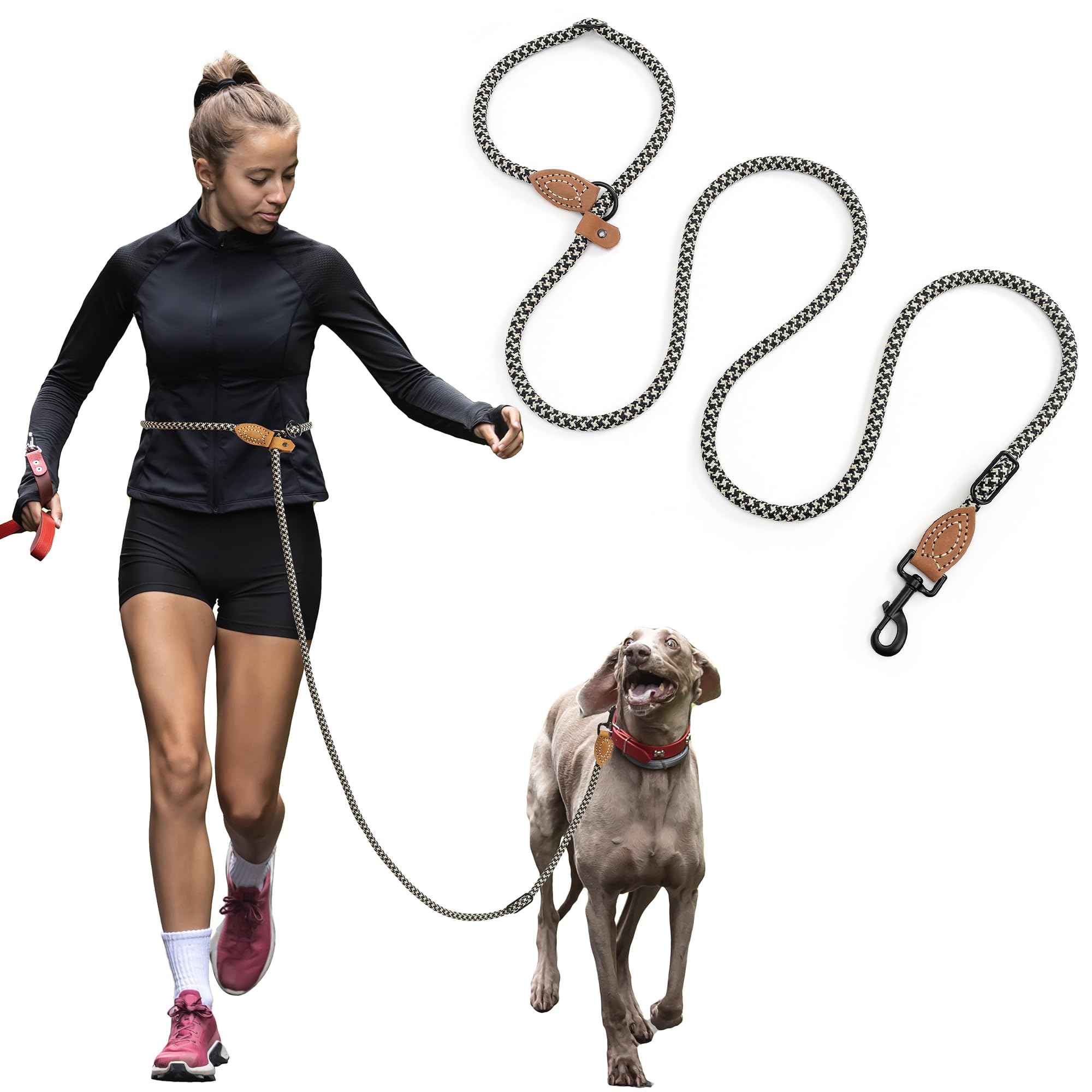 Mile High Life Hands Free Dog Leash, Crossbody Waist Leash with Genuine Leather Connection, Multifunctional Adjustable Slip Lead for Dog Walking Running (Black Khaki, 8FT)