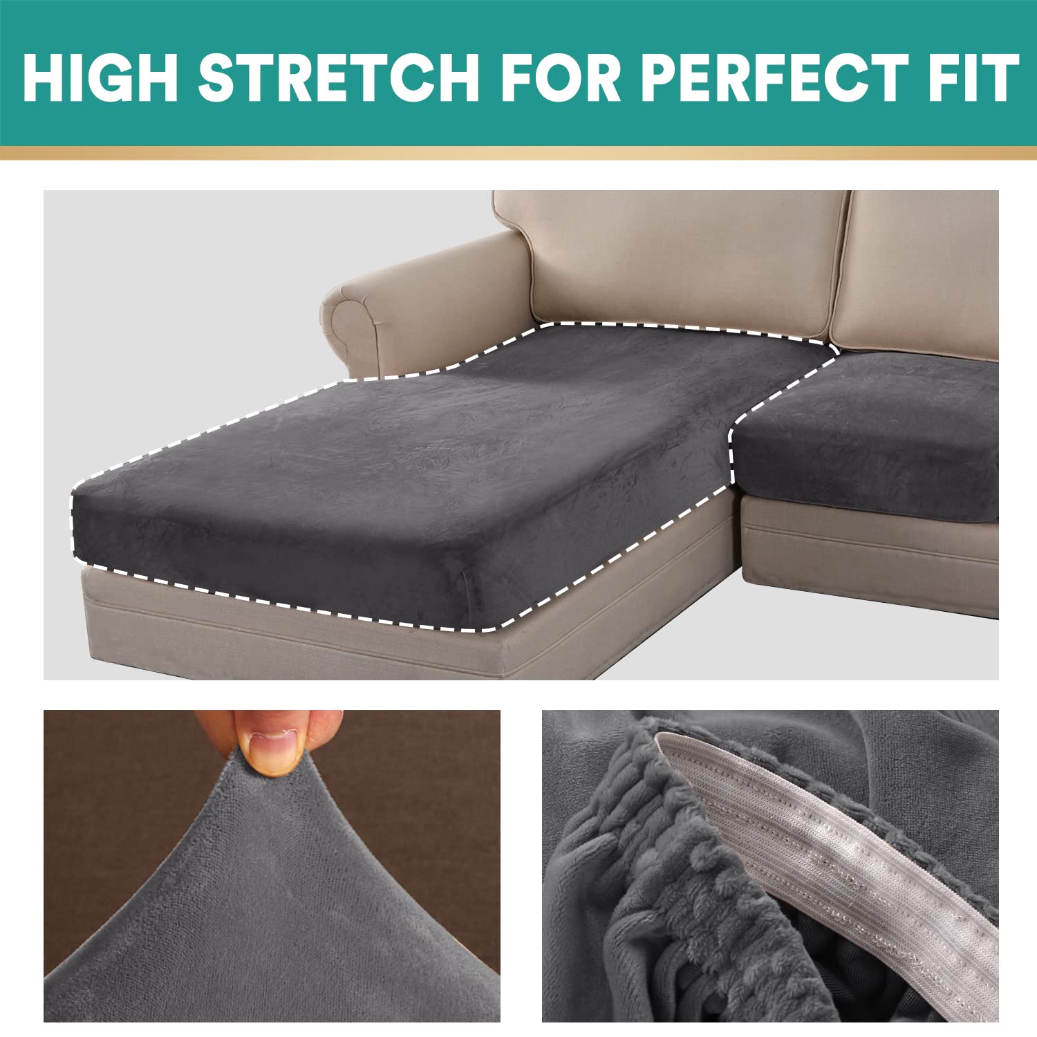 MIFXIN Sectional Couch Covers 4 Piece Stretch Velvet Sofa Seat Cushion Cover Set L Shape Separate Cushion Chaise Slipcover Furniture Protector for Both Left/Right Sectional Couch (Grey)