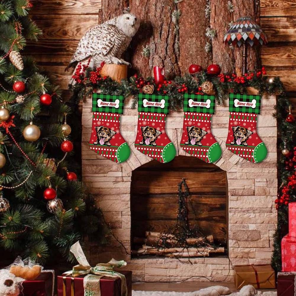 MALIHONG 3 Pack Customize Merry Christmas Red Stockings with Cute Dog Cocker Spaniel Bone Green Buffalo Plaid Snowflake 14.4"