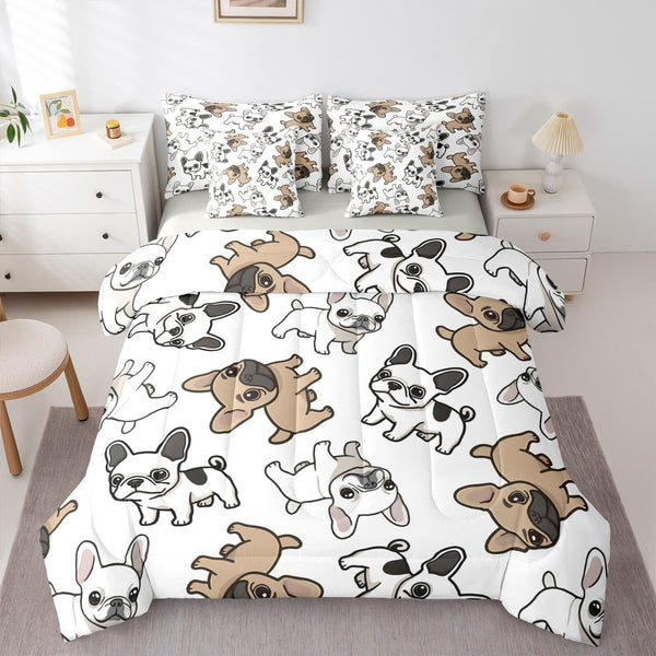 Manfei French Bulldogs Full Size Comforter,Cute Cartoon Animal Bedding Set 7 Piece, Pet Dog Lover Puppy Decor for Boys Girls,Brown White（Fitted+Sheet+2 Pillowcases+2 Throw Pillow Covers）