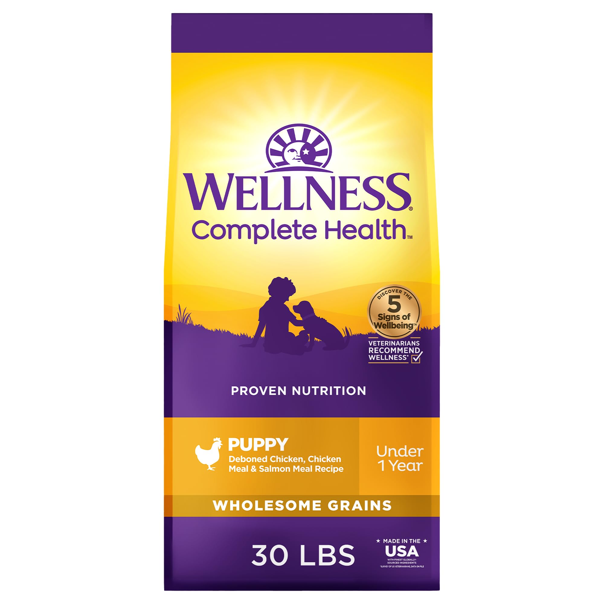Wellness Complete Health Puppy Dry Dog Food, Wholesome Grain Kibble, Natural, Chicken, Oatmeal, and Salmon Recipe, 30 lb Bag
