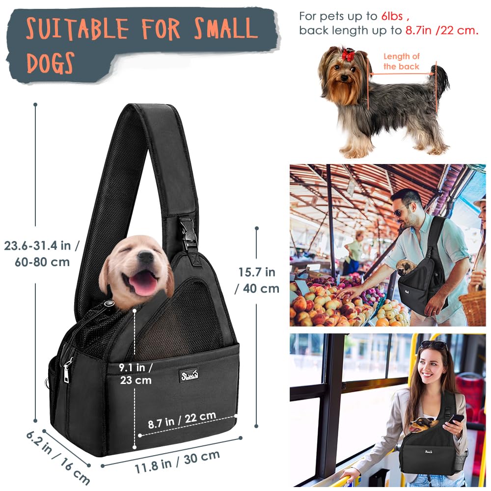 Lukovee Dog Slings for Small Dogs, Hard Bottom Support & Adjustable Soft Padded Shoudler Strap Dog Sling Carrier, Dog Purse with Button Closure & Zipper Pockets (for Pets up to 6 lbs, Black)