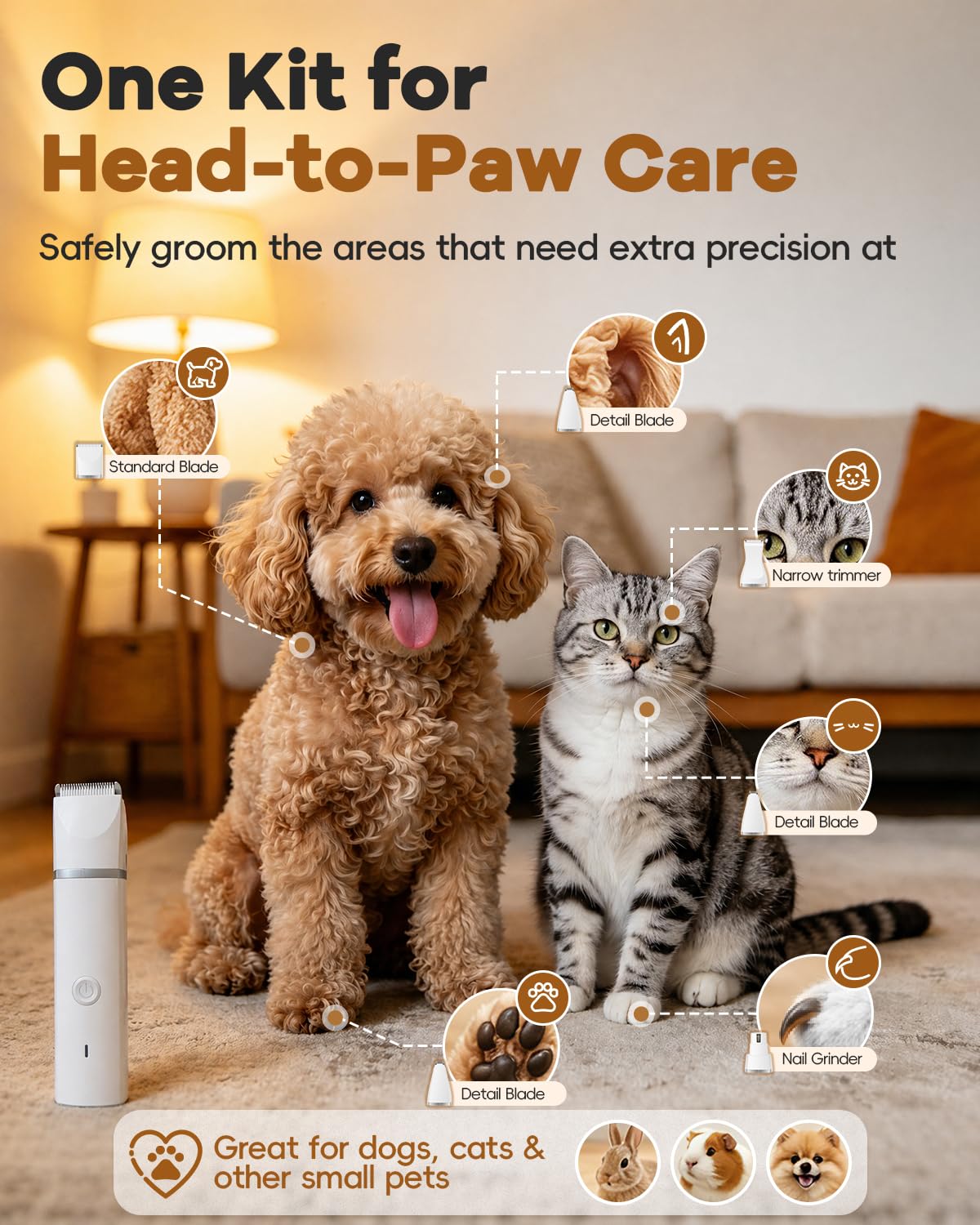 Veeconn Dog Clippers Grooming Kit Hair Clipper-Low Noise Paw Trimmer- Rechargeable - Cordless Quiet Nail Grinder Shaver for Cats and Other Pets