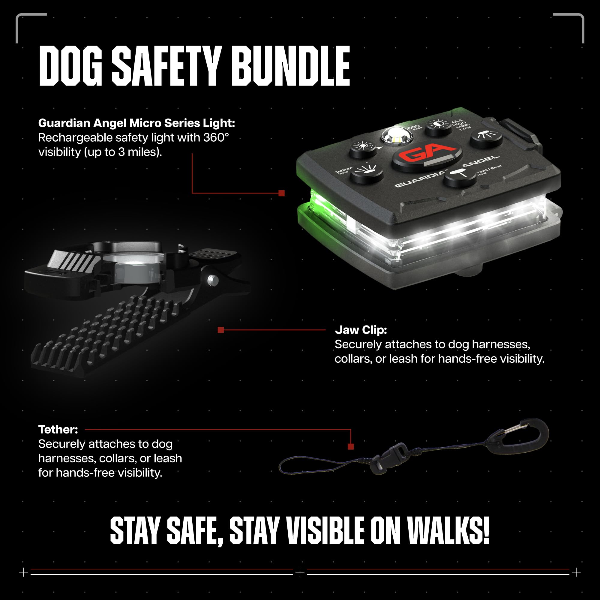 Guardian Angel Dog Walking Safety Light – Micro Series (White/Green) – Ultra Bright LED, 3+ Mile Visibility – Attaches to Collar, Leash, or Harness – Includes Jaw Lock Mount & Tether