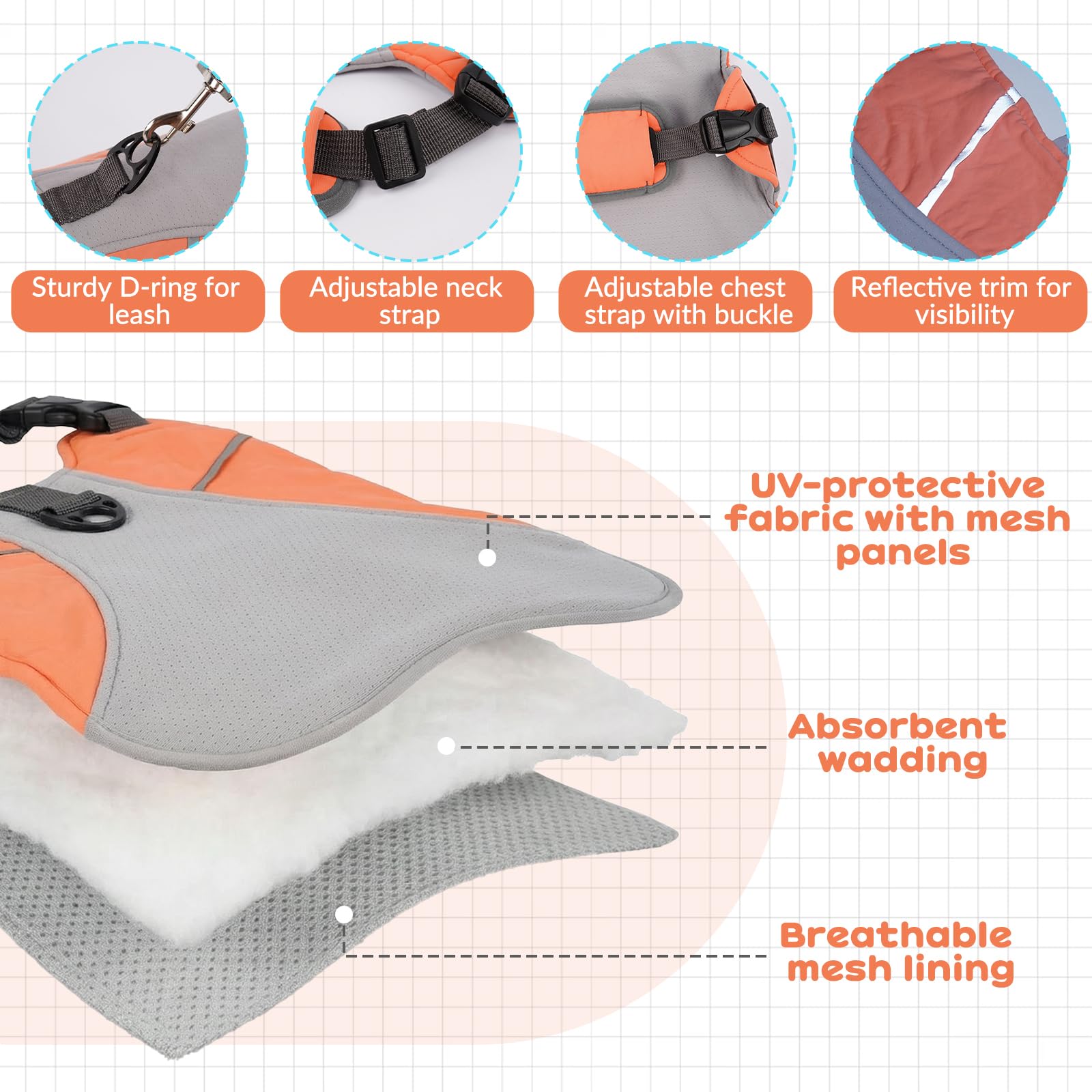 DENTRUN Dog Cooling Vest with Dual Absorbent Core, Adjustable Sun Protective Vest for Hot Weather, Doggie Ice Jacket Hiking Travel Summer Essentials, Reflective, Sun Protective Vest, Orange S