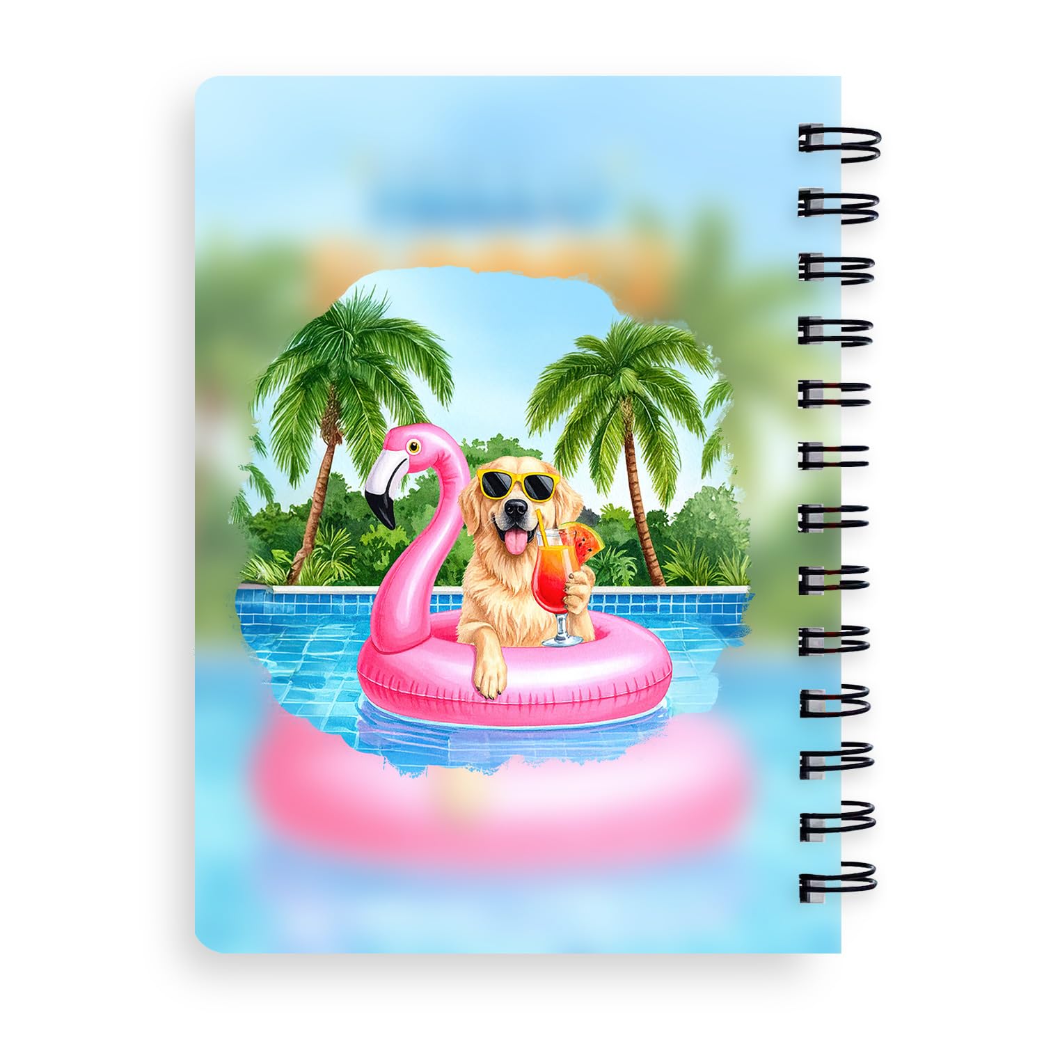 Ninety3POD Hello Summer Great Pyrenees at Swimming Pool Flamingo Swim Ring Spiral Bound Journal Pyr Dog Lover 5x7in Spiral Notebook 12009