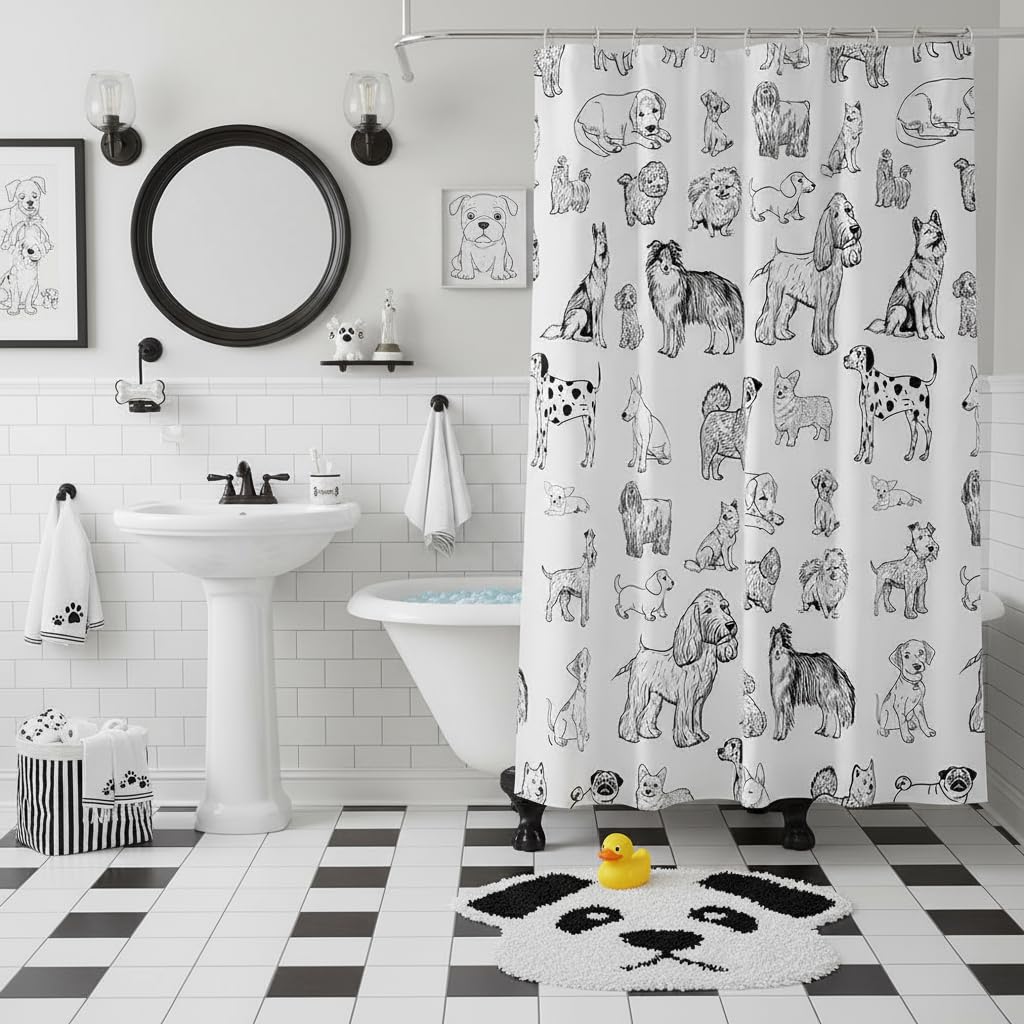 Homewish Cartoon Dog Shower Curtain Black White Dog Puppy Sketch Bathroom Curtains for Kids Girls Boys Adult Room Decor Cute Pet Animals Waterproof Quick Dry Fabric,12 Hooks,72" Wx72 L