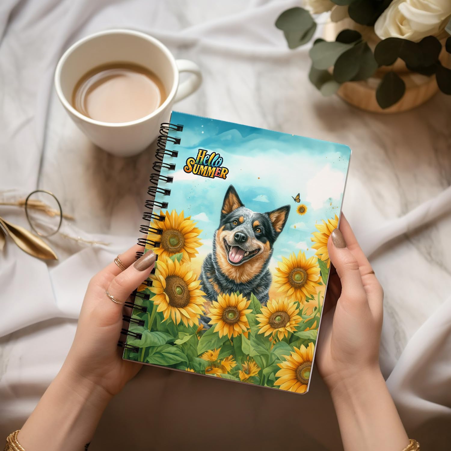 Ninety3POD Australian Cattle Dog Hello Summer Sunshine Sunflowers Spring Retro Vintage Spiral Bound Journal Heeler Lover Gifts 5x7in Spiral Notebook - 008