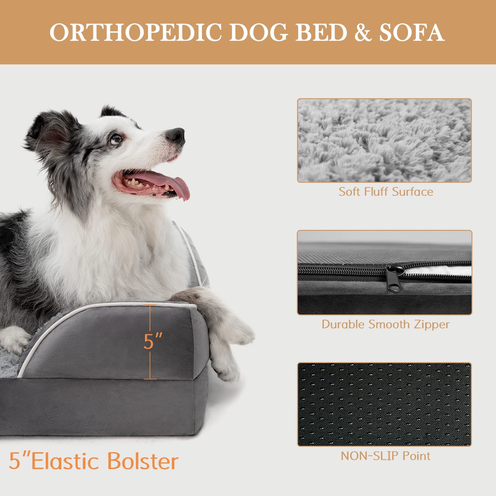 Comfort Expression Orthopedic Dog Bed for Extra Large Dogs 42x30 Inch, Waterproof Egg Crate Foam XL Pet Bed with Removable Bolsters, Dog Couch with Washable Cover & Non-Slip Bottom, Grey