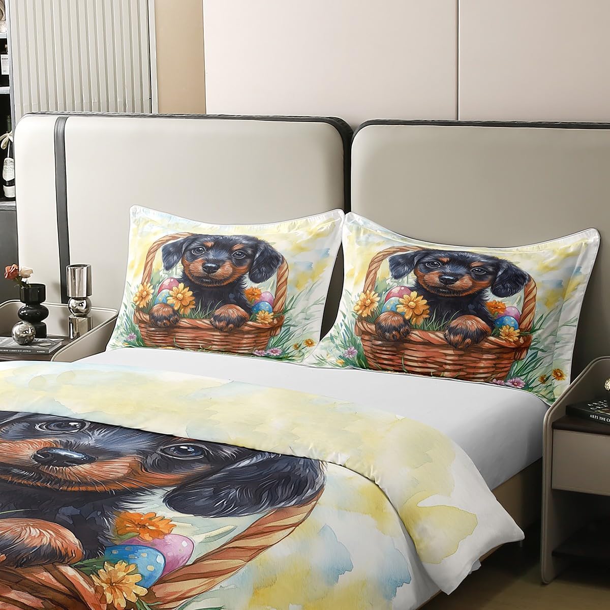 Cute Dog Bedding Set Boys Girls Happy Easter Eggs Duvet Cover Spring Style Lovely Puppy Comforter Cover Kids Bedroom Decor 2Pcs Twin 100% Cotton,No Comforter