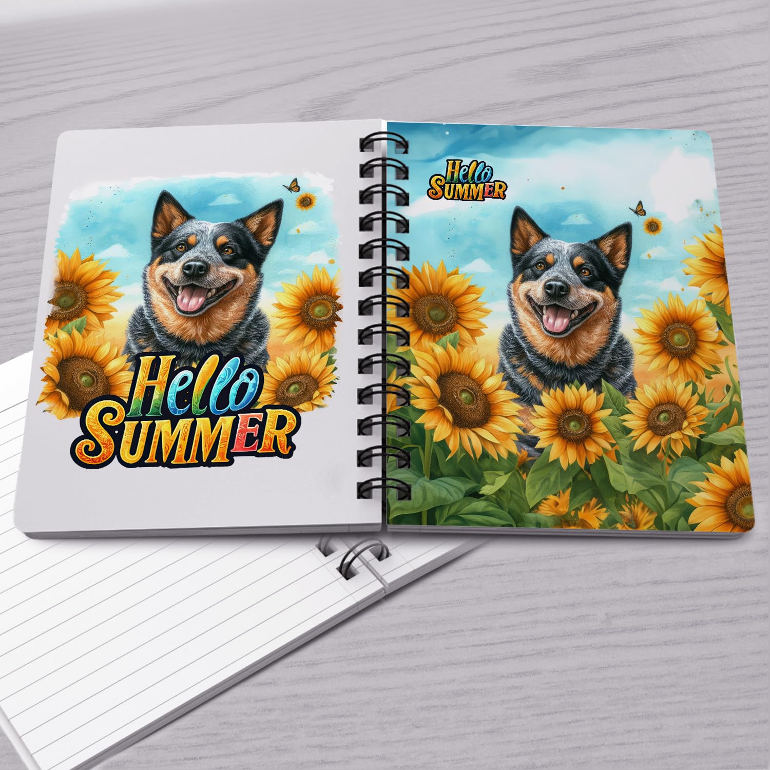 Ninety3POD Australian Cattle Dog Hello Summer Sunshine Sunflowers Spring Retro Vintage Spiral Bound Journal Heeler Lover Gifts 5x7in Spiral Notebook - 008