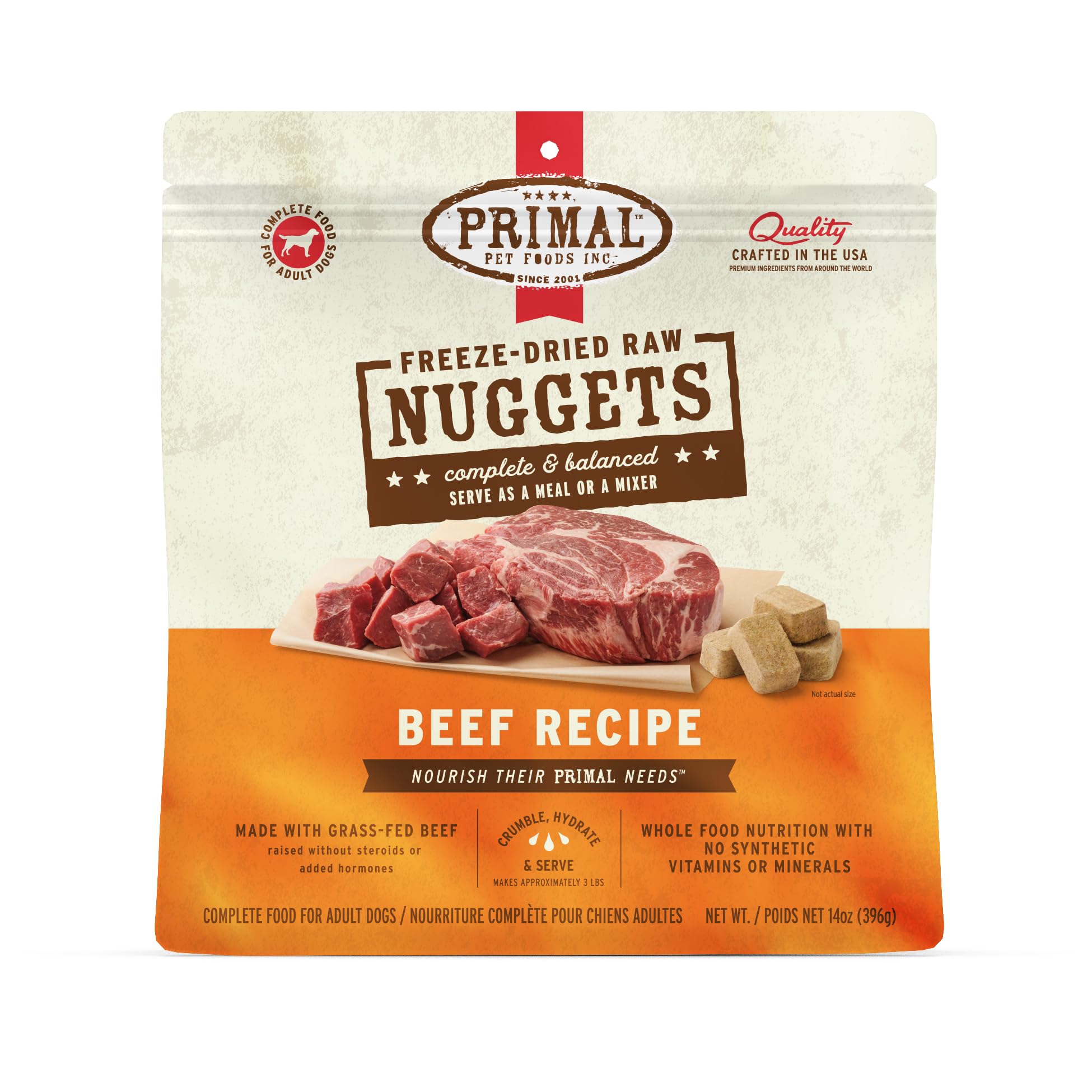 Primal Freeze Dried Raw Dog Food Nuggets, Beef, Complete & Balanced Meal, Also Use as Topper or Treat, Premium, Healthy, Grain Free, High Protein Raw Dog Food, 14 oz